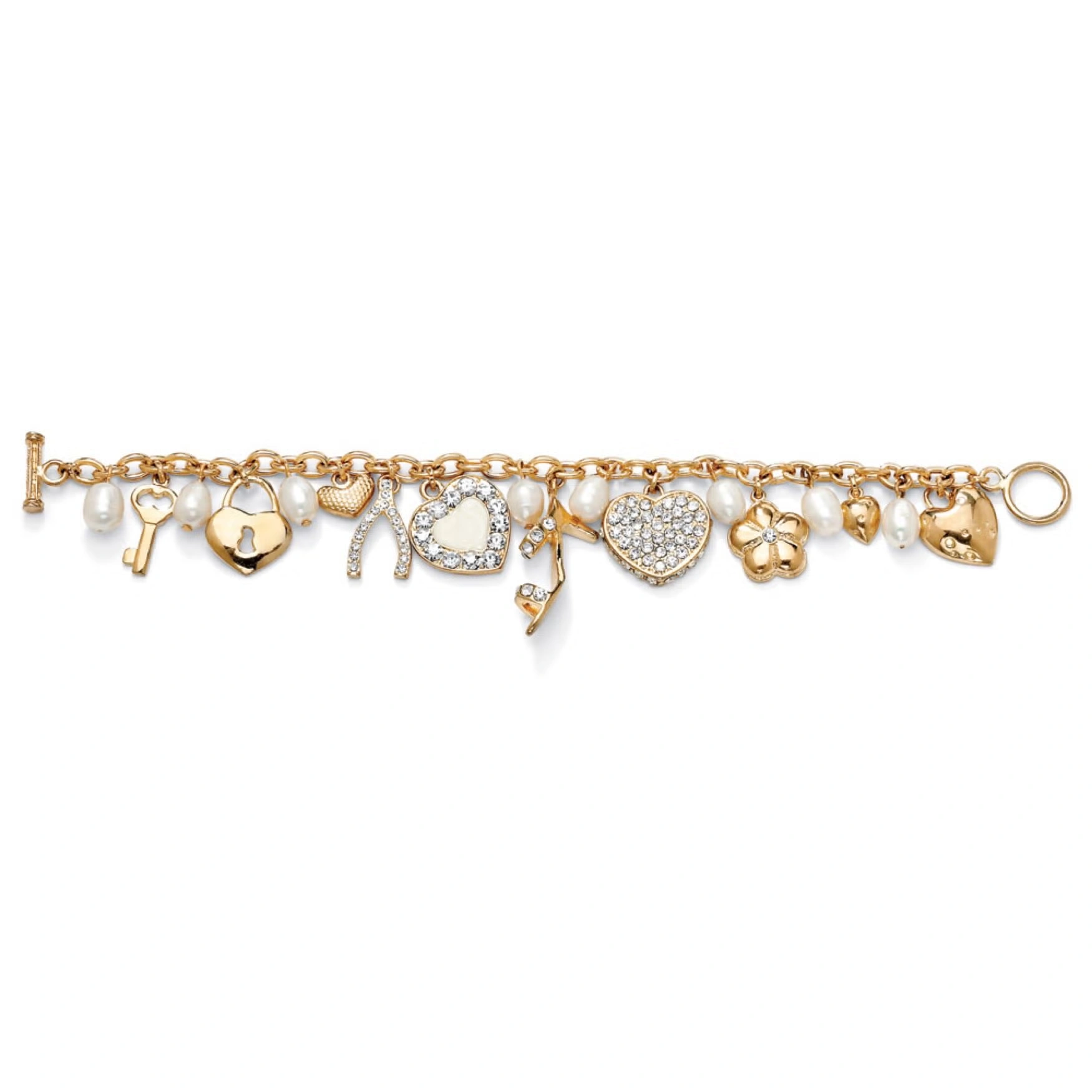 Gold Tone Charm Bracelet Crystal and Cultured Freshwater Pearl 8"
