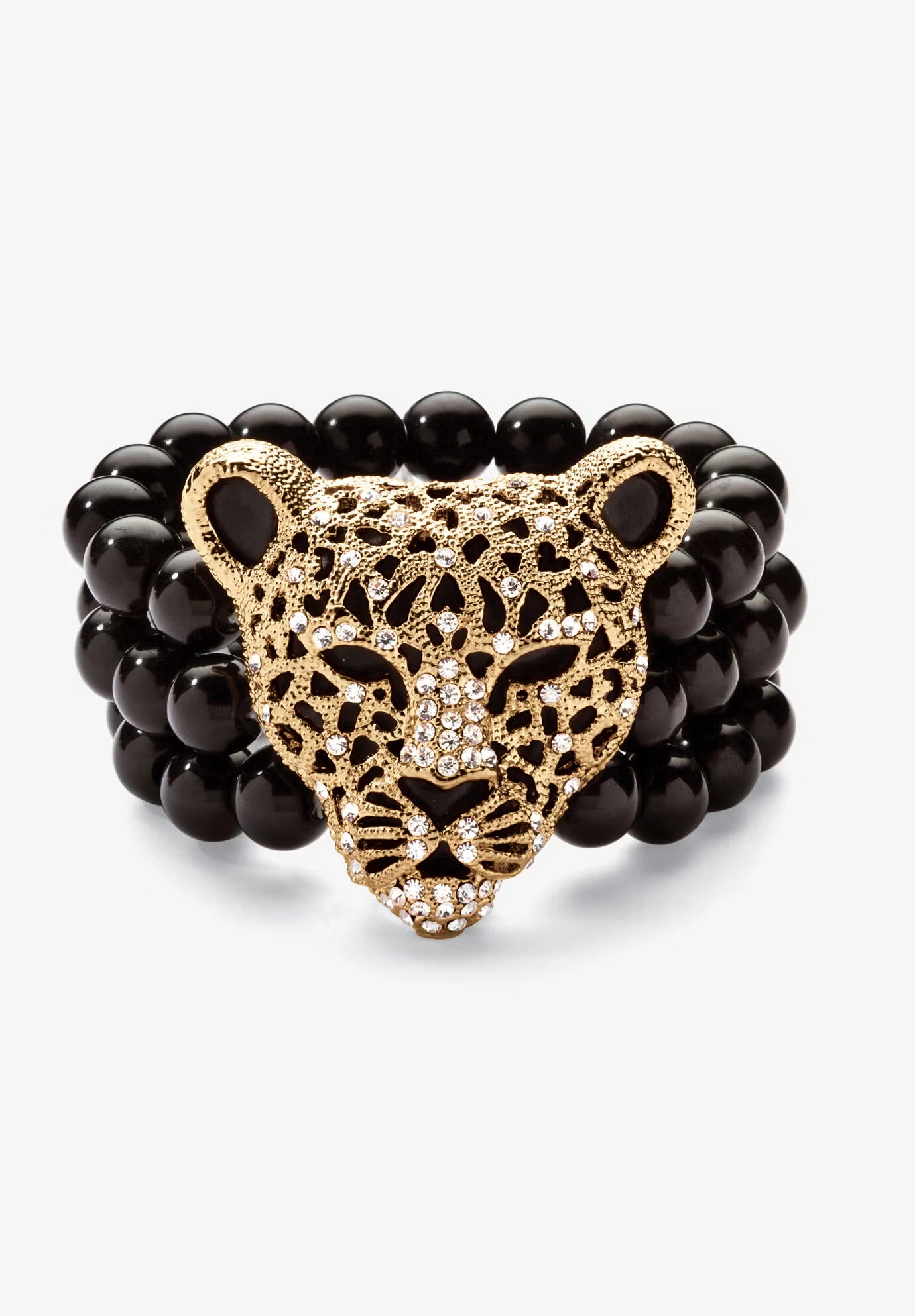 Goldtone Onyx Leopard Stretch Bracelet (42mm), Round Crystal, 8.5"