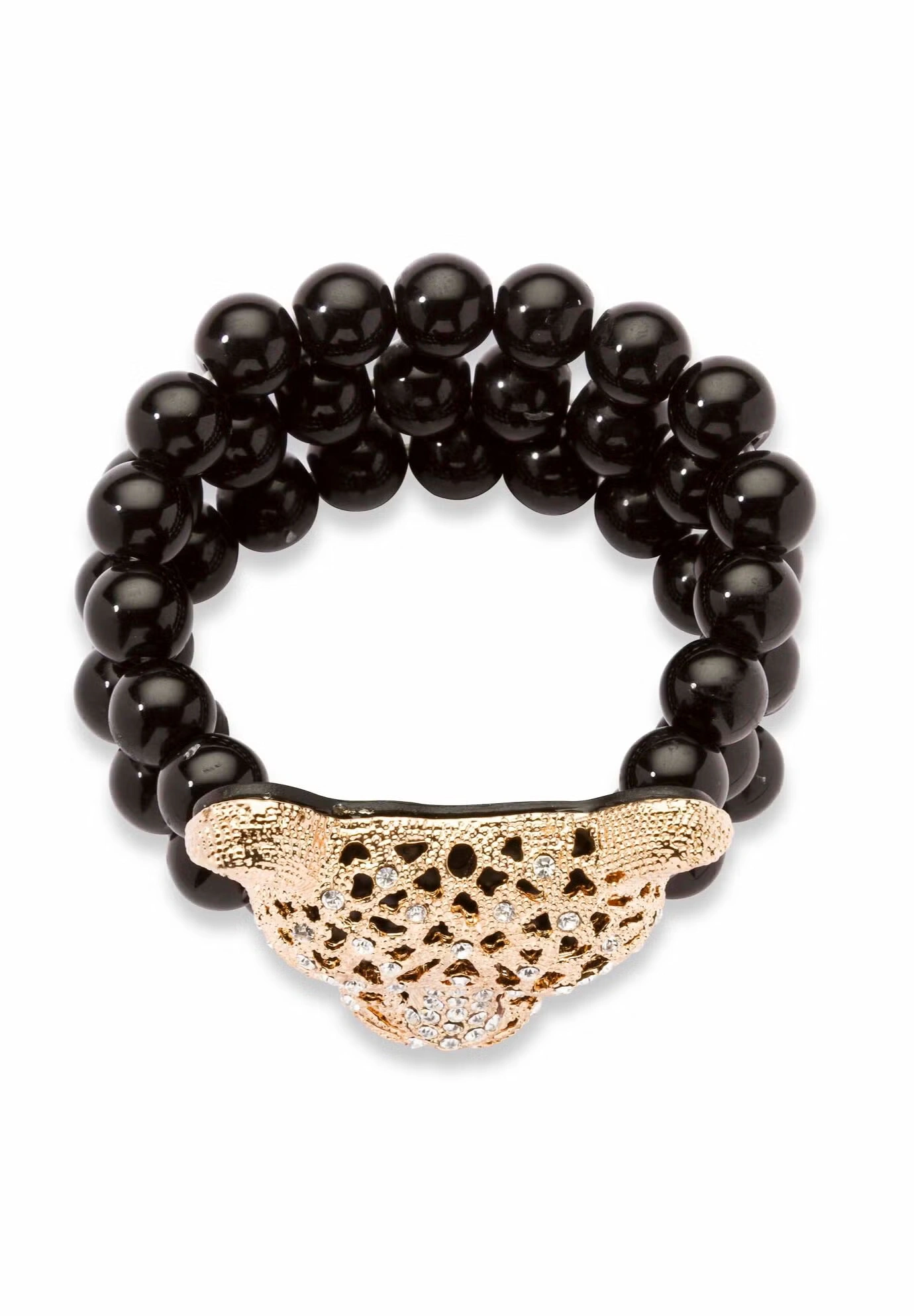 Goldtone Onyx Leopard Stretch Bracelet (42mm), Round Crystal, 8.5"