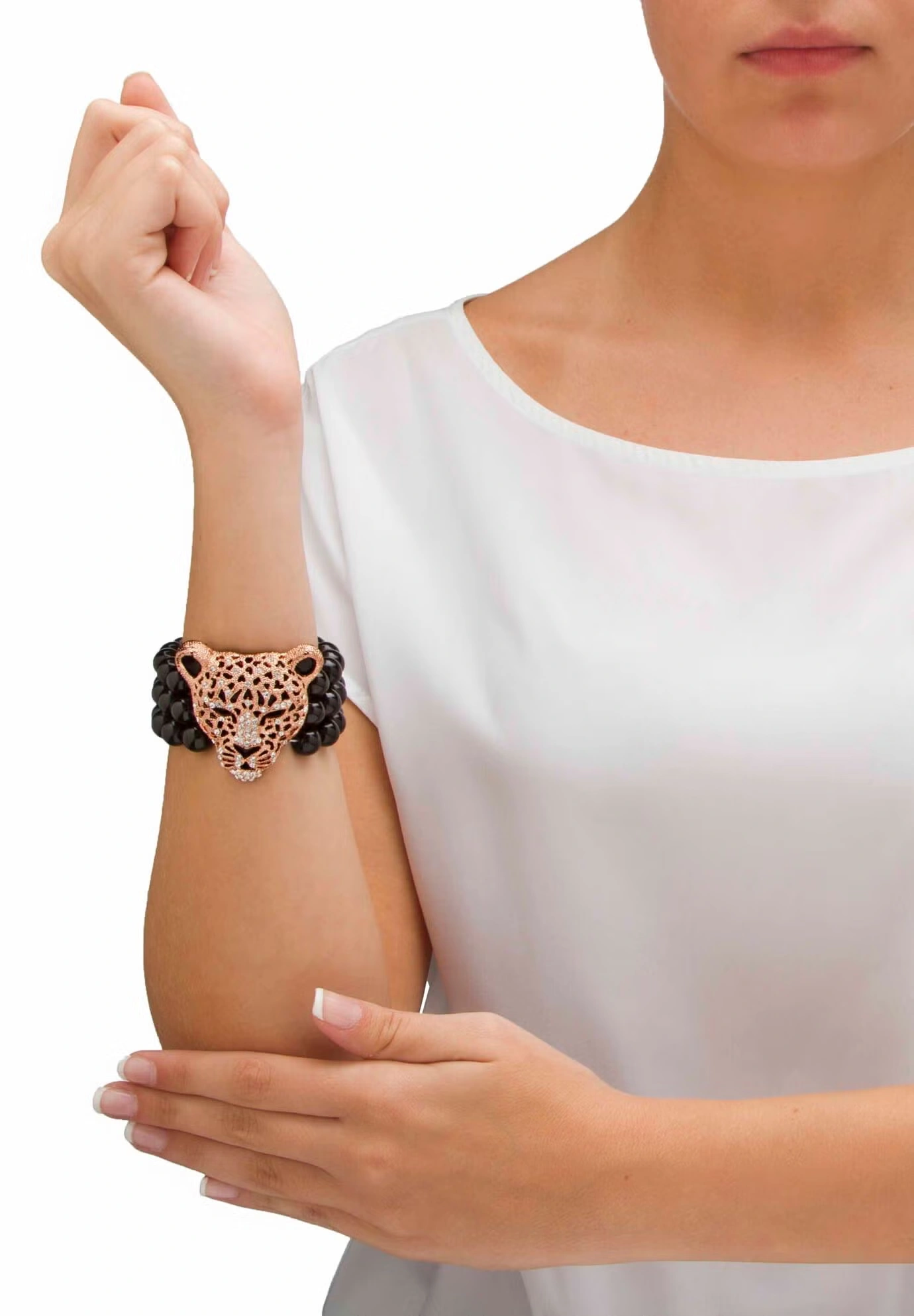 Goldtone Onyx Leopard Stretch Bracelet (42mm), Round Crystal, 8.5" 3 Goldtone Onyx Leopard Stretch Bracelet (42mm), Round Crystal, 8.5"