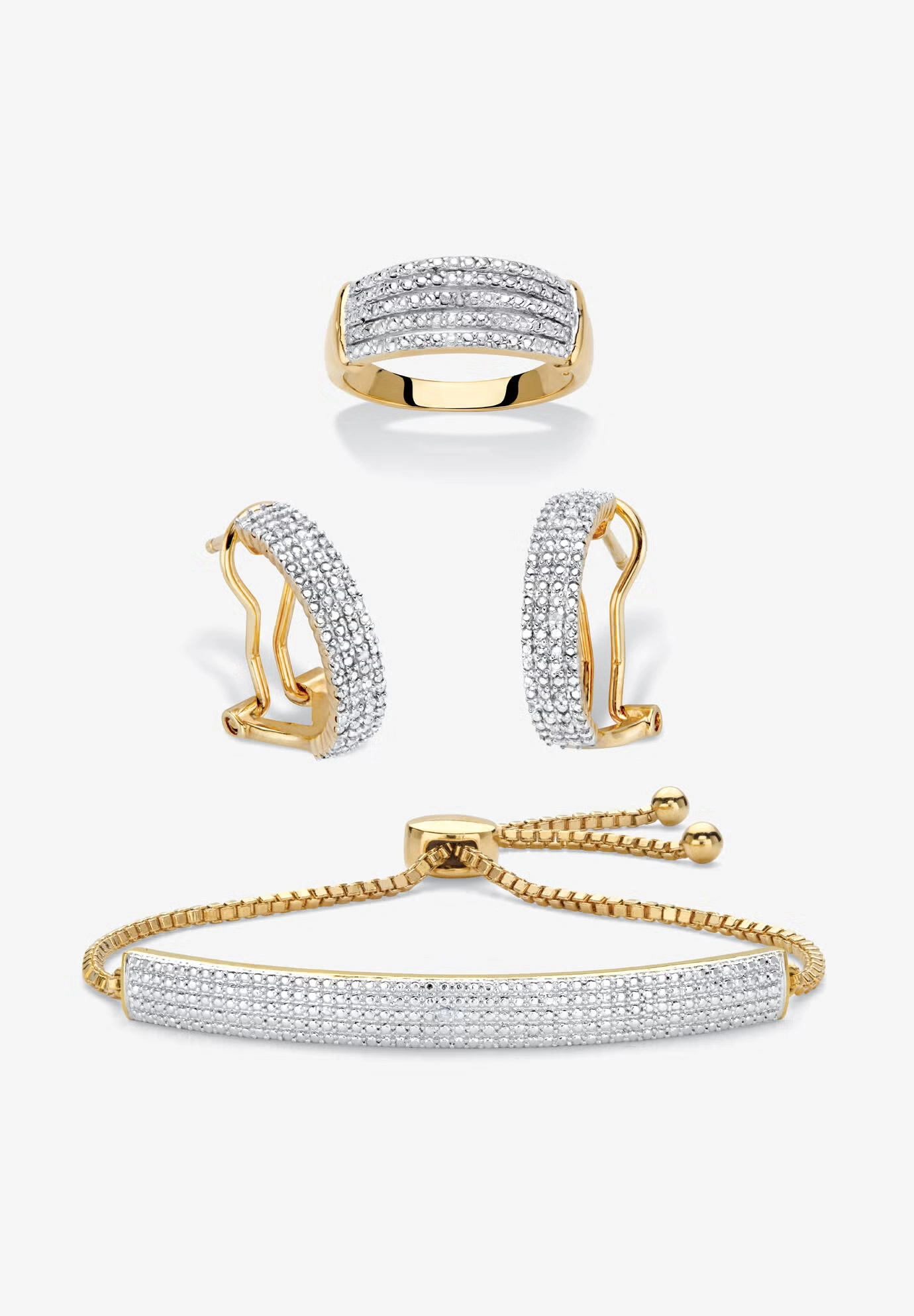 18K Gold-Plated Diamond Accent Demi Hoop Earrings, Ring and Adjustable Bolo Bracelet Set 9"