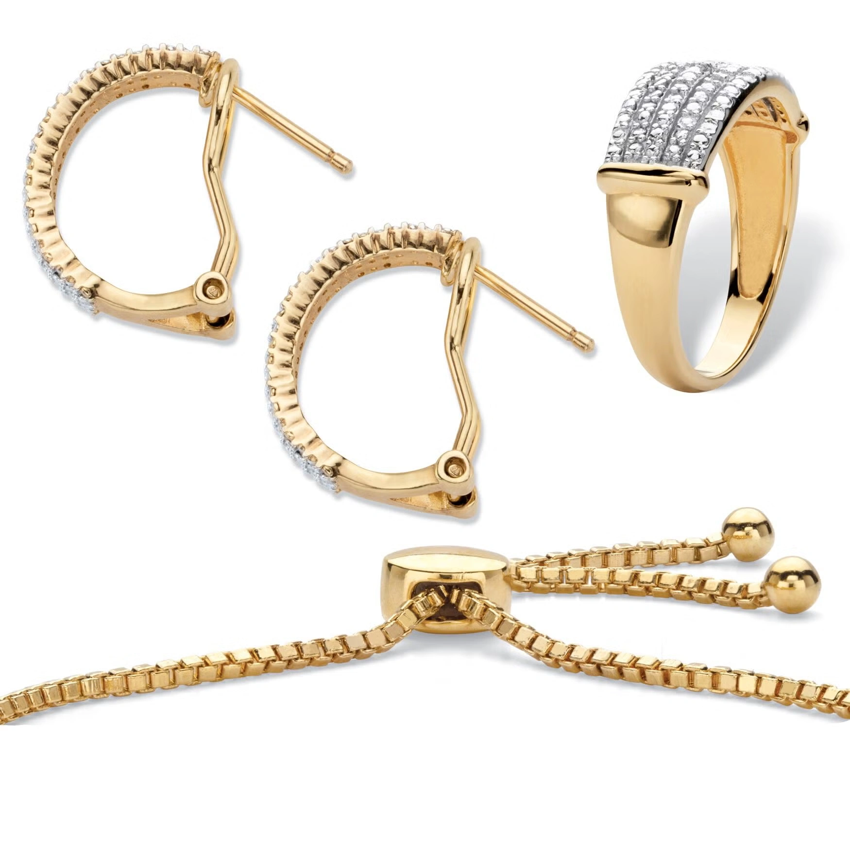 18K Gold-Plated Diamond Accent Demi Hoop Earrings, Ring and Adjustable Bolo Bracelet Set 9"