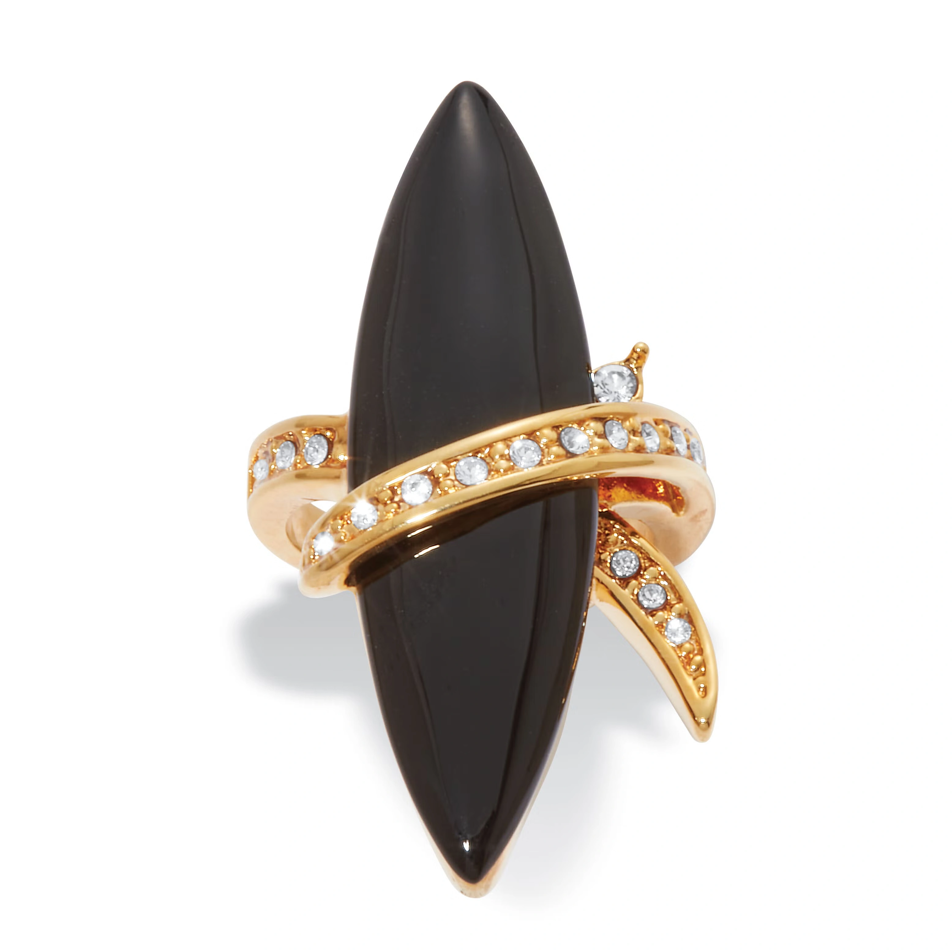 14k Gold-Plated Wrapped Marquise Onyx and Crystal Ring