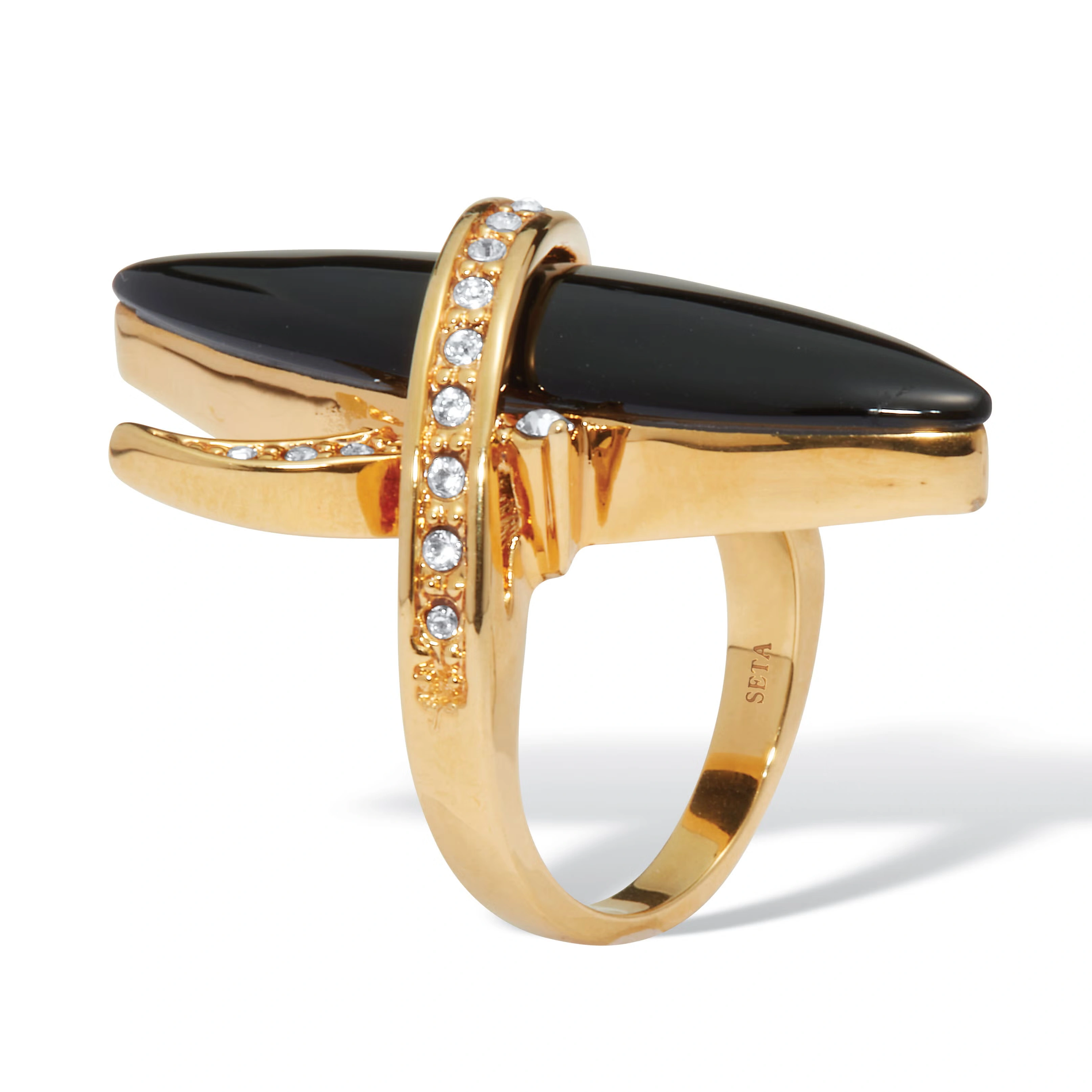 14k Gold-Plated Wrapped Marquise Onyx and Crystal Ring