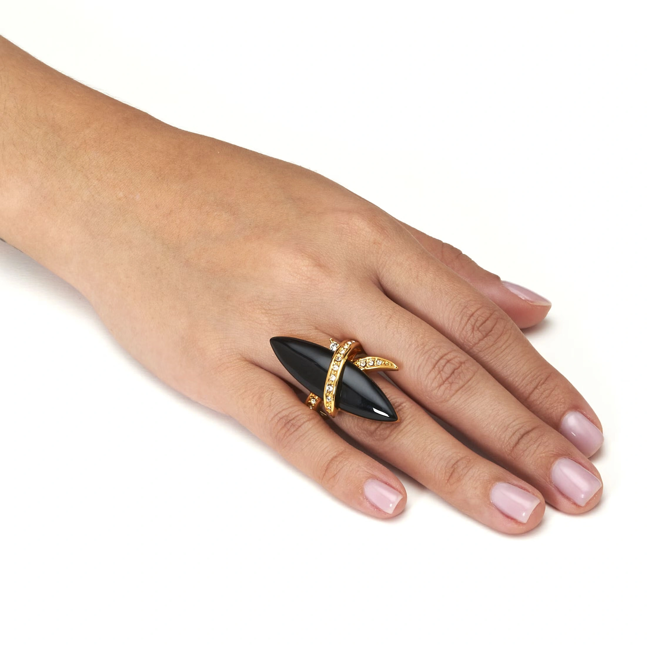 14k Gold-Plated Wrapped Marquise Onyx and Crystal Ring 3 14k Gold-Plated Wrapped Marquise Onyx and Crystal Ring