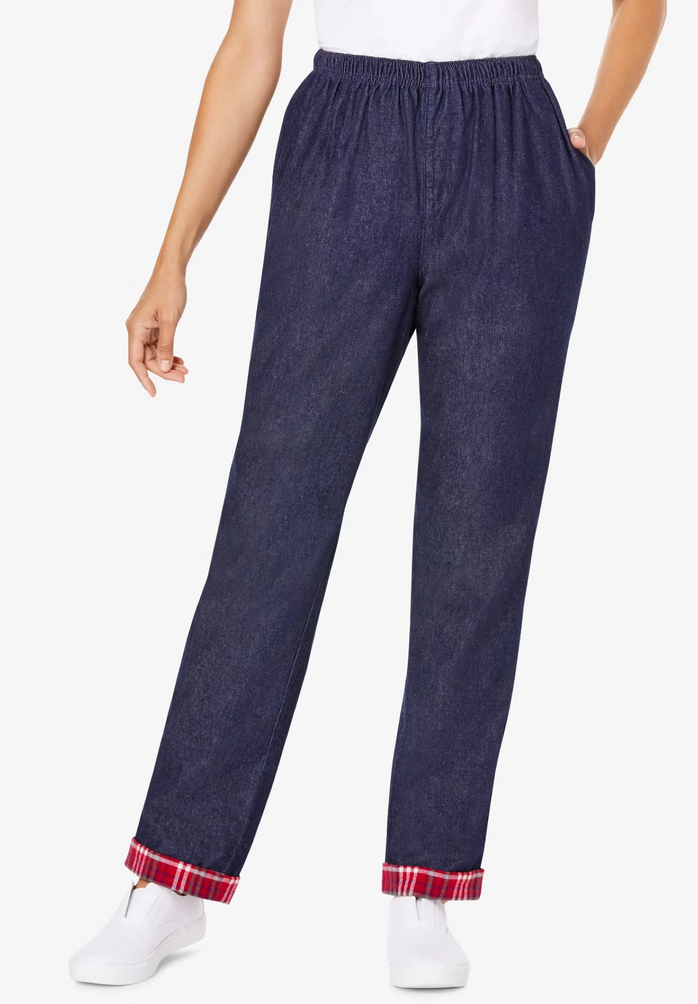 Elastic-Waist Cotton Straight Leg Denim Pant with Flannel Lining