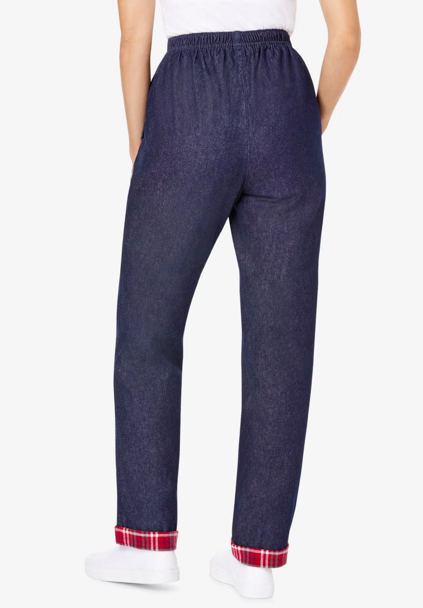 Elastic-Waist Cotton Straight Leg Denim Pant with Flannel Lining