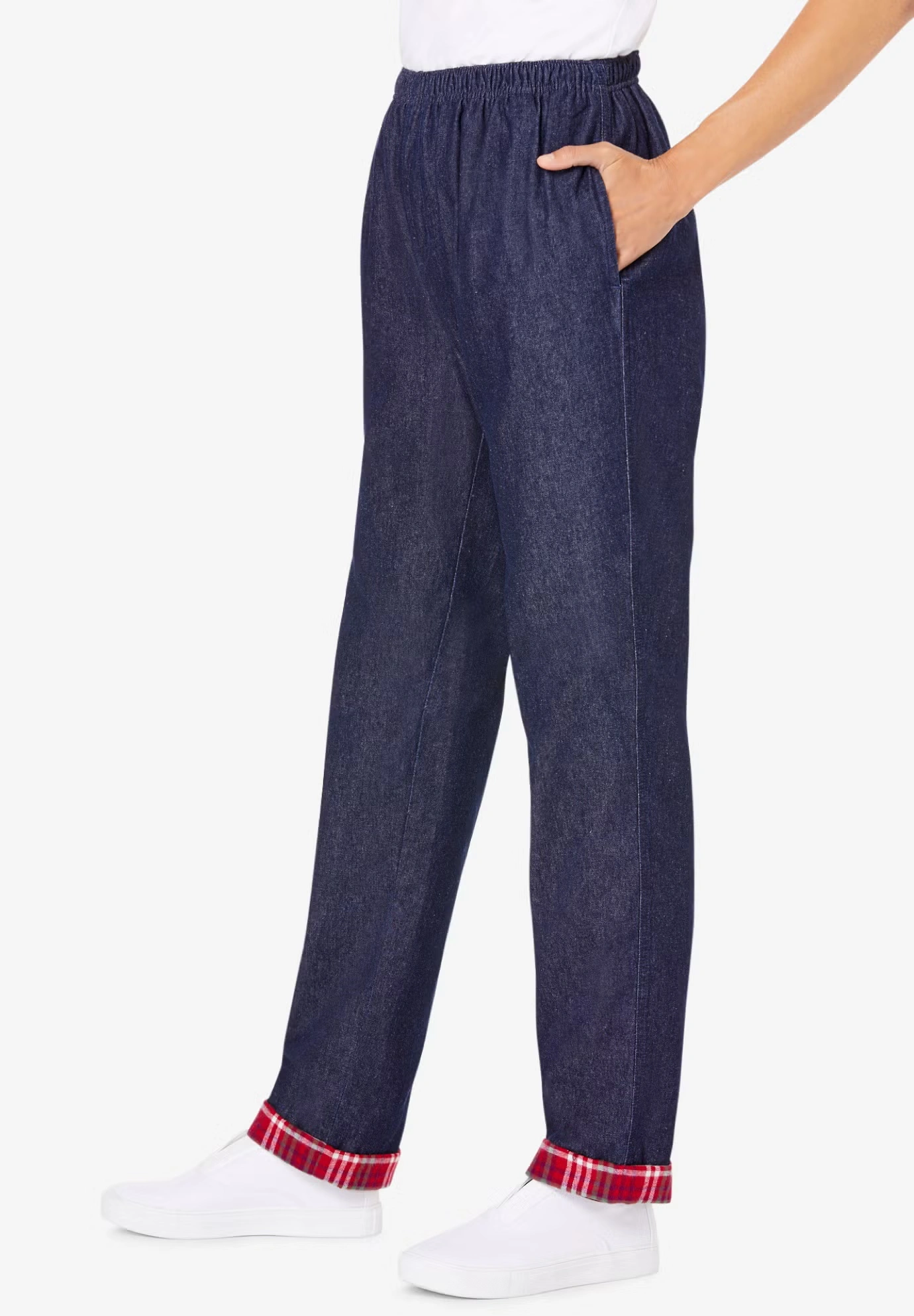 Elastic-Waist Cotton Straight Leg Denim Pant with Flannel Lining