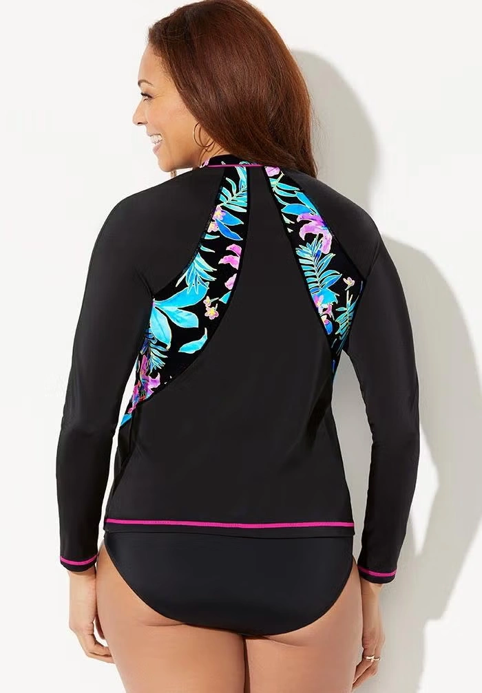 Chlorine Resistant Zip Front Long Sleeve Swim Shirt Rash Guard