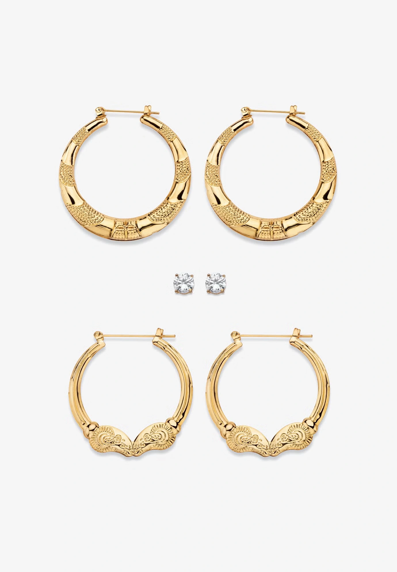 Cubic Zirconia Stud and Hoop Earring Set in Goldtone