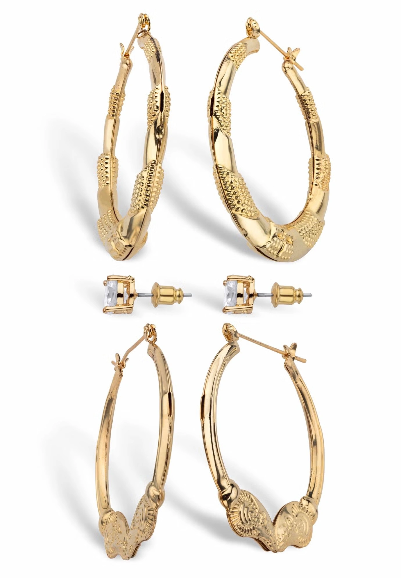Cubic Zirconia Stud and Hoop Earring Set in Goldtone