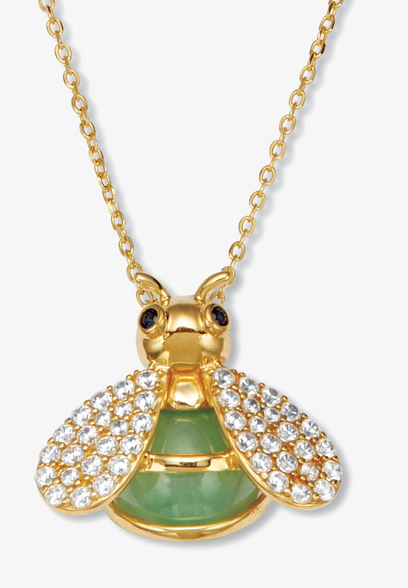 .61 Tcw Cz Genuine Green Jade 18K Gold-Plated Bee Pendant Necklace, 18 Inches