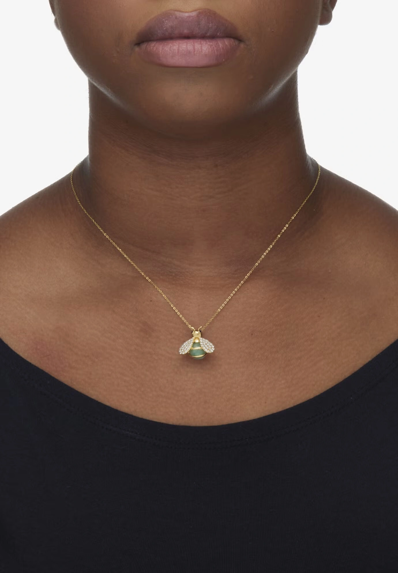 .61 Tcw Cz Genuine Green Jade 18K Gold-Plated Bee Pendant Necklace, 18 Inches