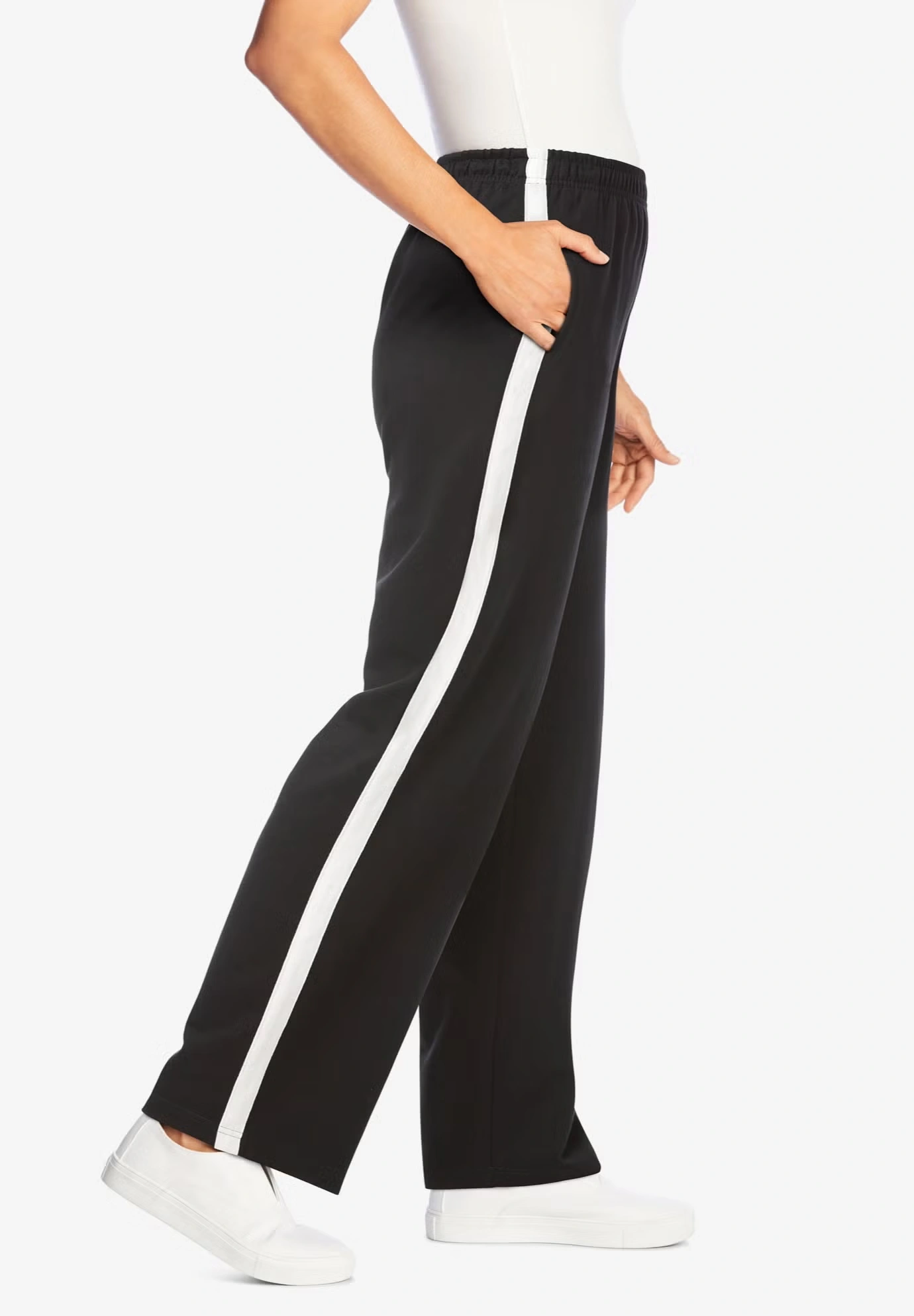 Cotton French Terry Straight-Leg Pull-On Side-Stripe Pants