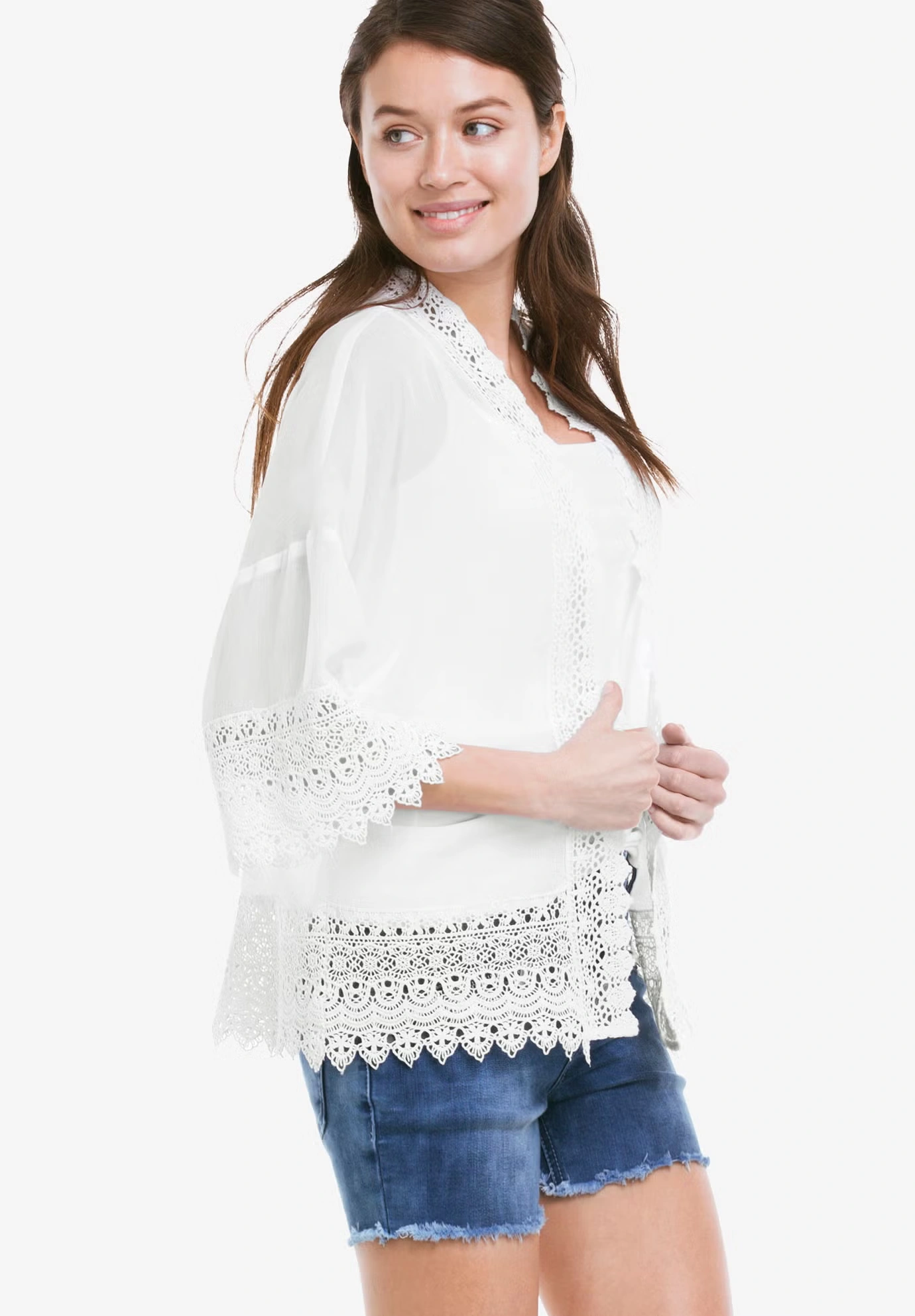 Sheer Lace Trim Kimono Cardigan