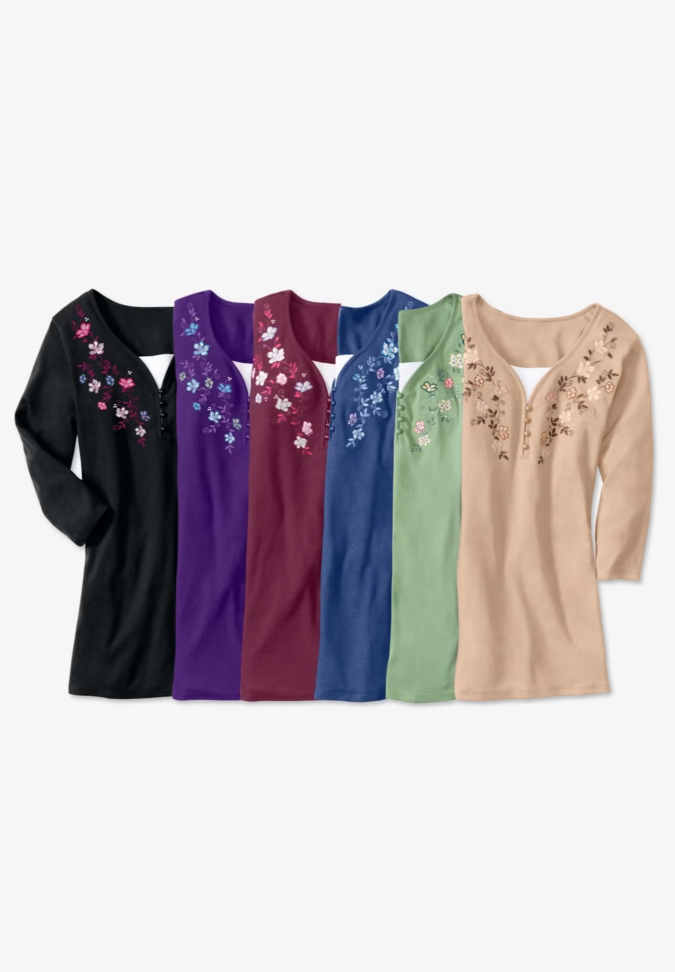 7-Day Layered-Look Embroidered Henley Tunic