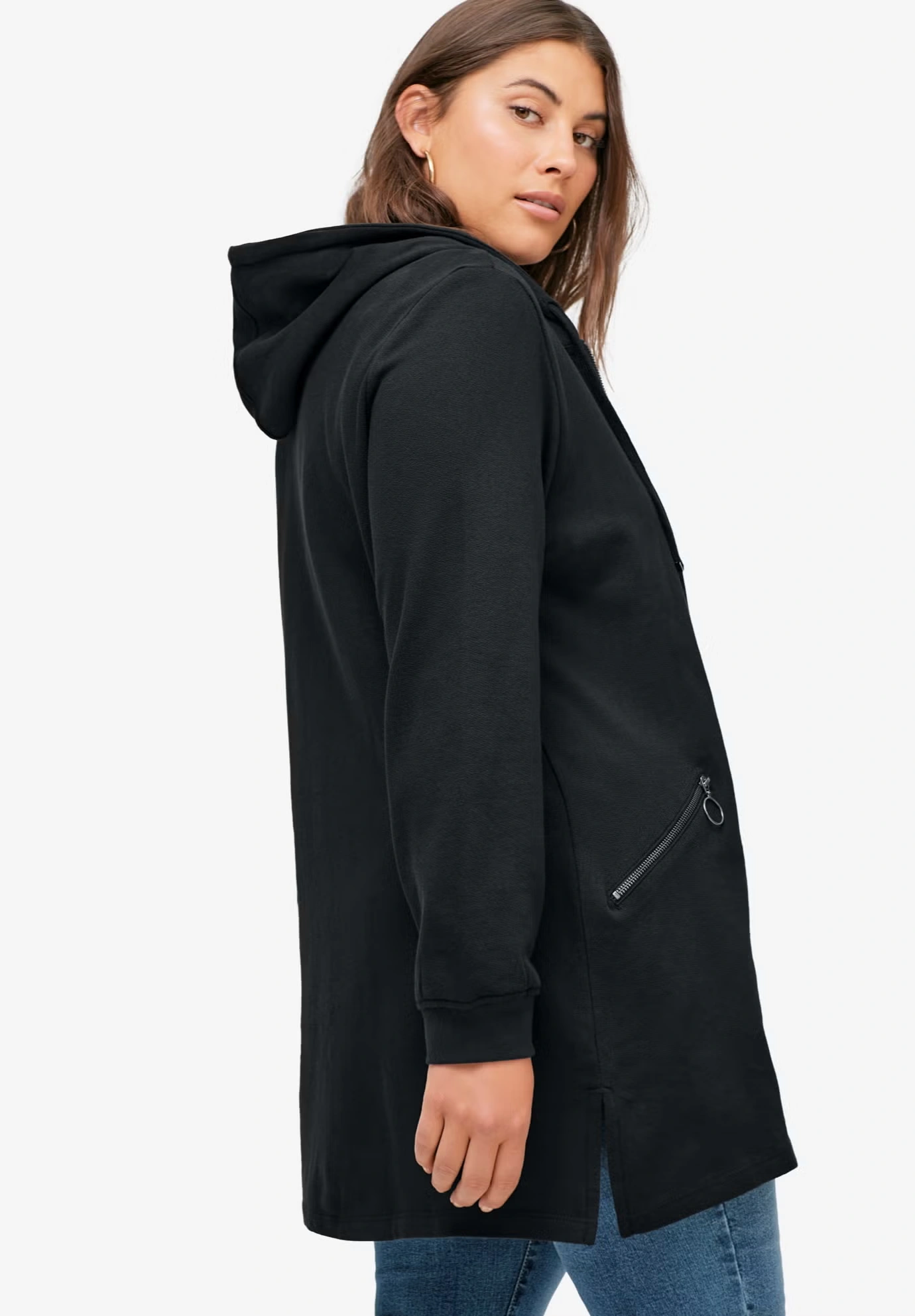 French Terry Zip-Front Hoodie With Zip Pockets