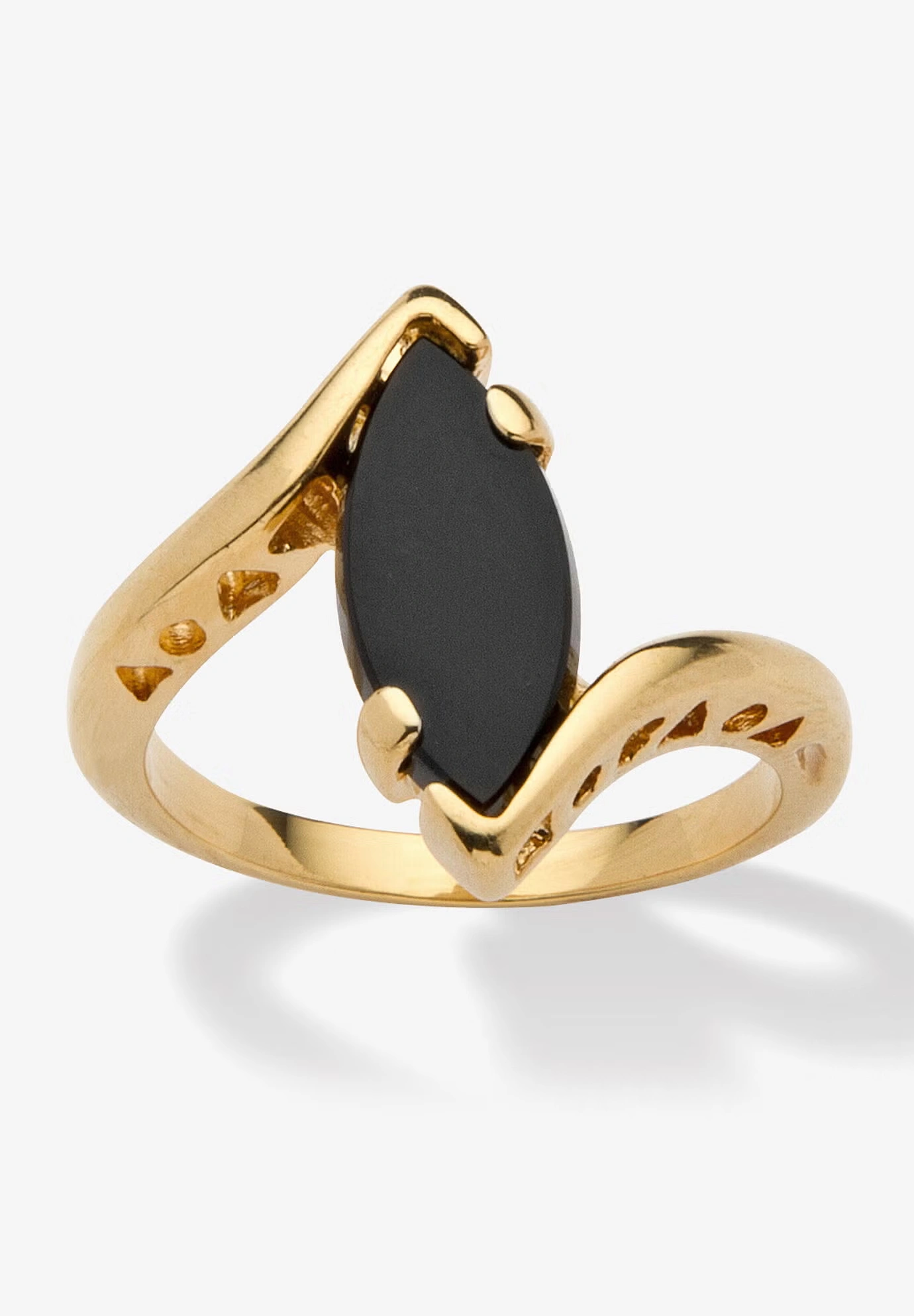 18k Yellow Gold-Plated Natural Black Onyx Marquise Shaped Bypass Ring