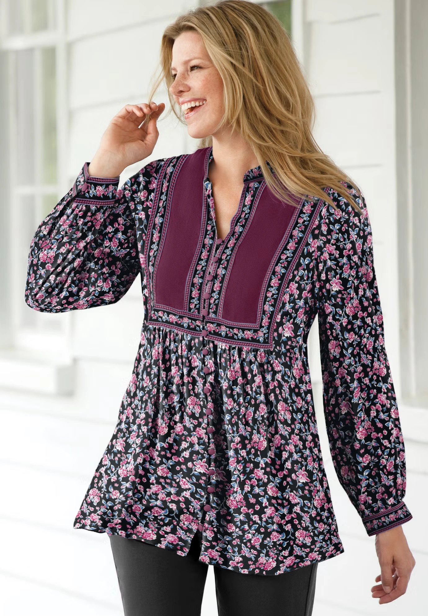 Button-Front Mixed Print Tunic