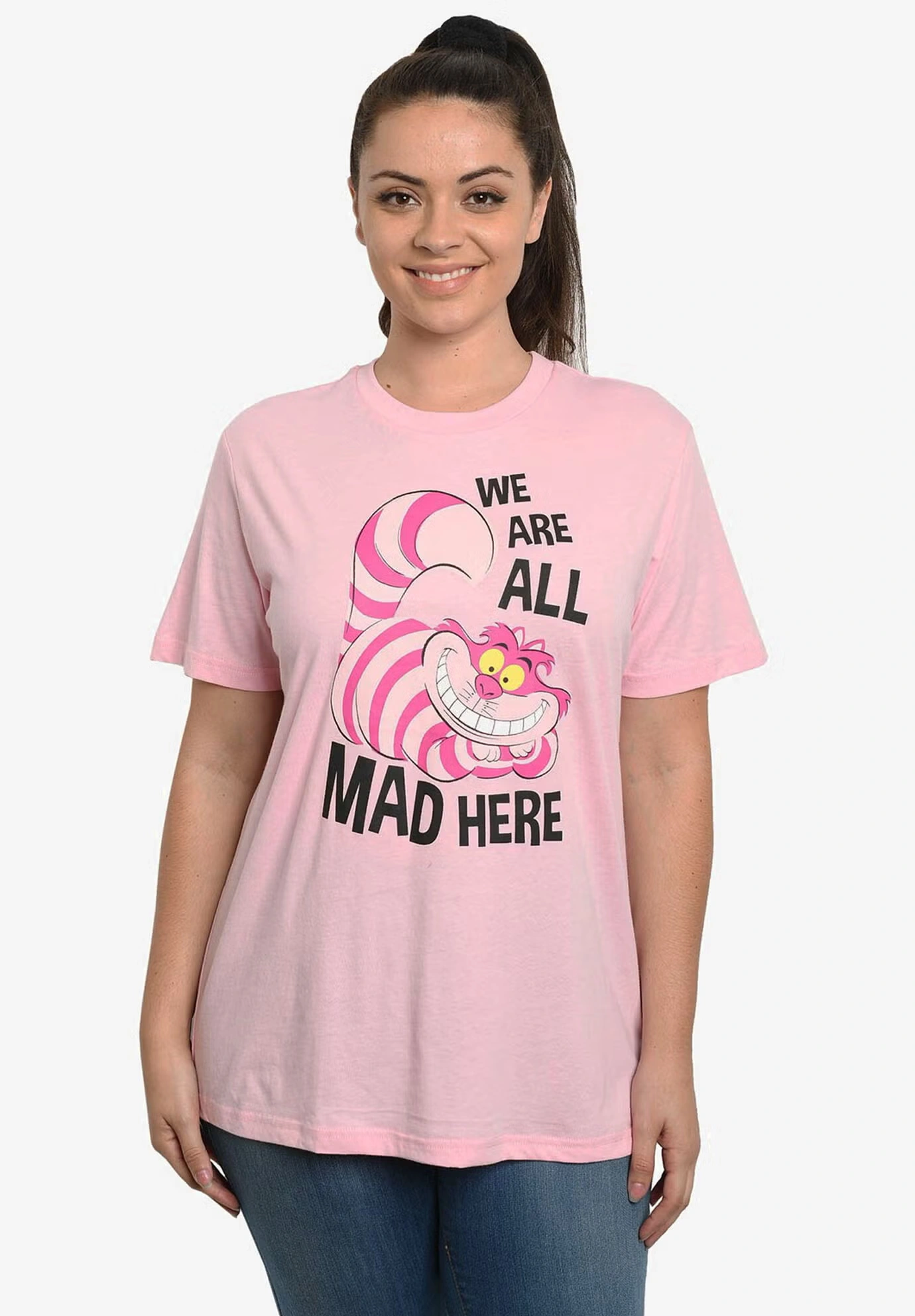 Disney Women's Cheshire Cat Alice in Wonderland "We Are All Mad Here" T-Shirt Pink