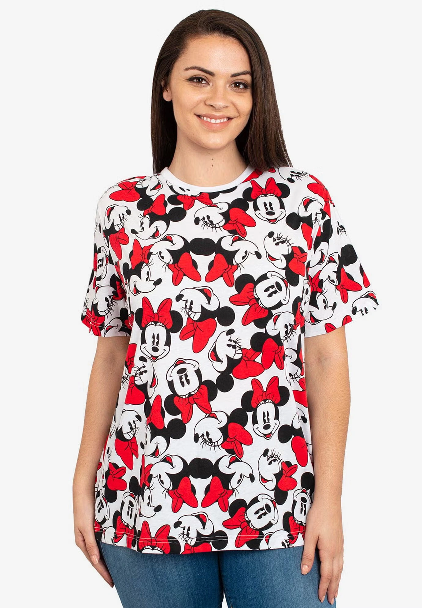Disney Women's Minnie Mouse Faces Red Bows All-Over Print T-Shirt White