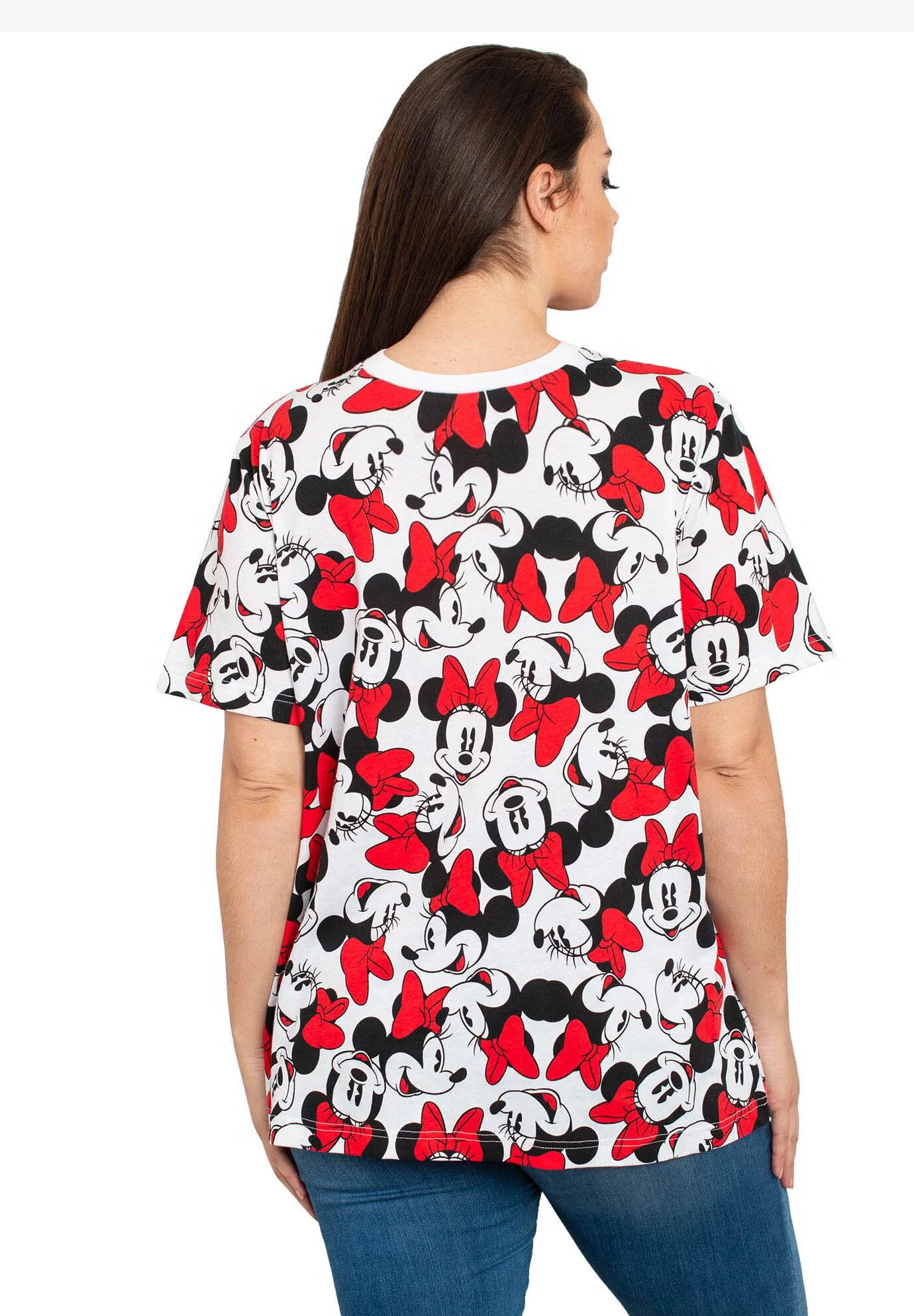 Disney Women's Minnie Mouse Faces Red Bows All-Over Print T-Shirt White
