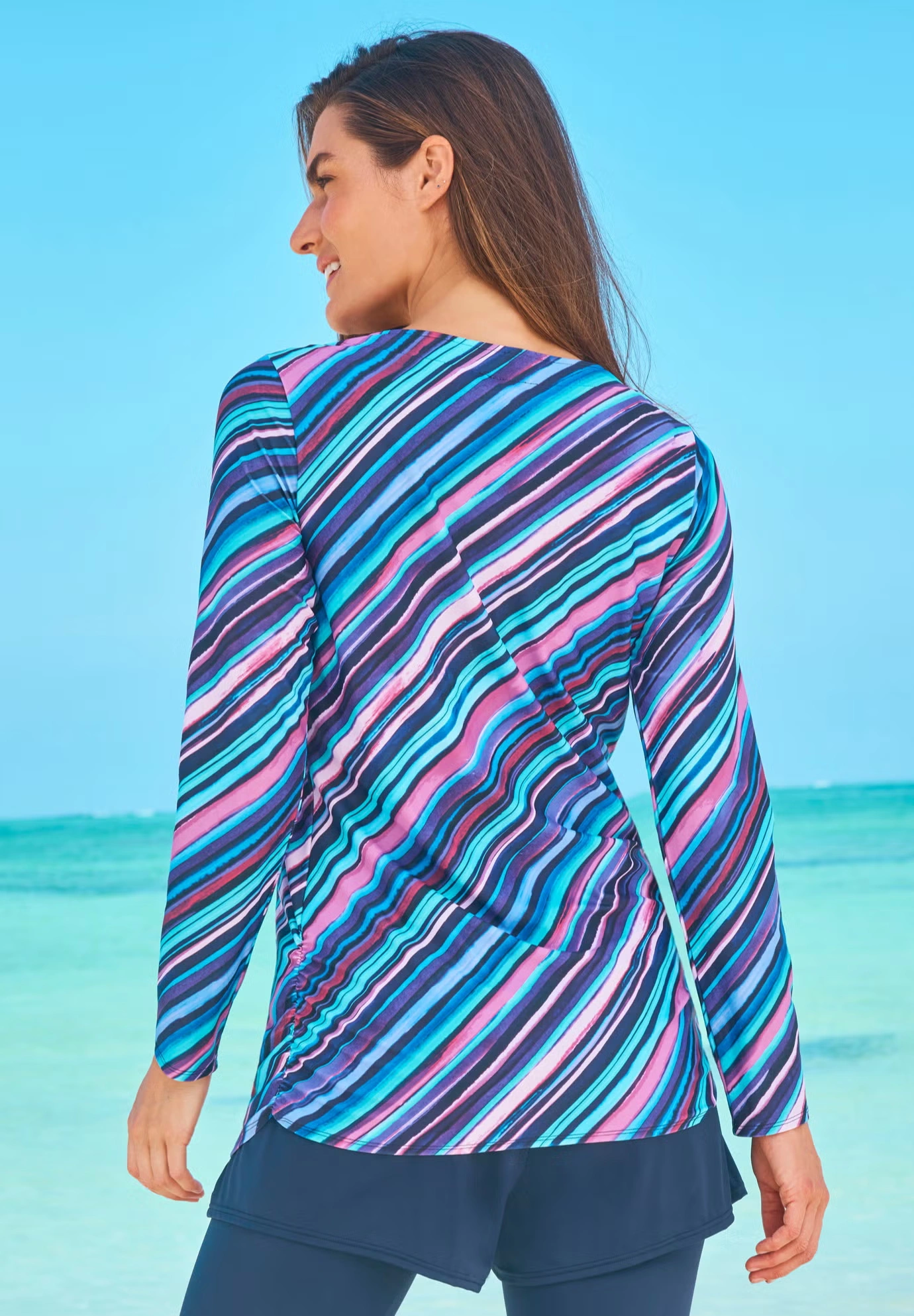 Split-Neck Long Sleeve Swim Tee with Built-In Bra