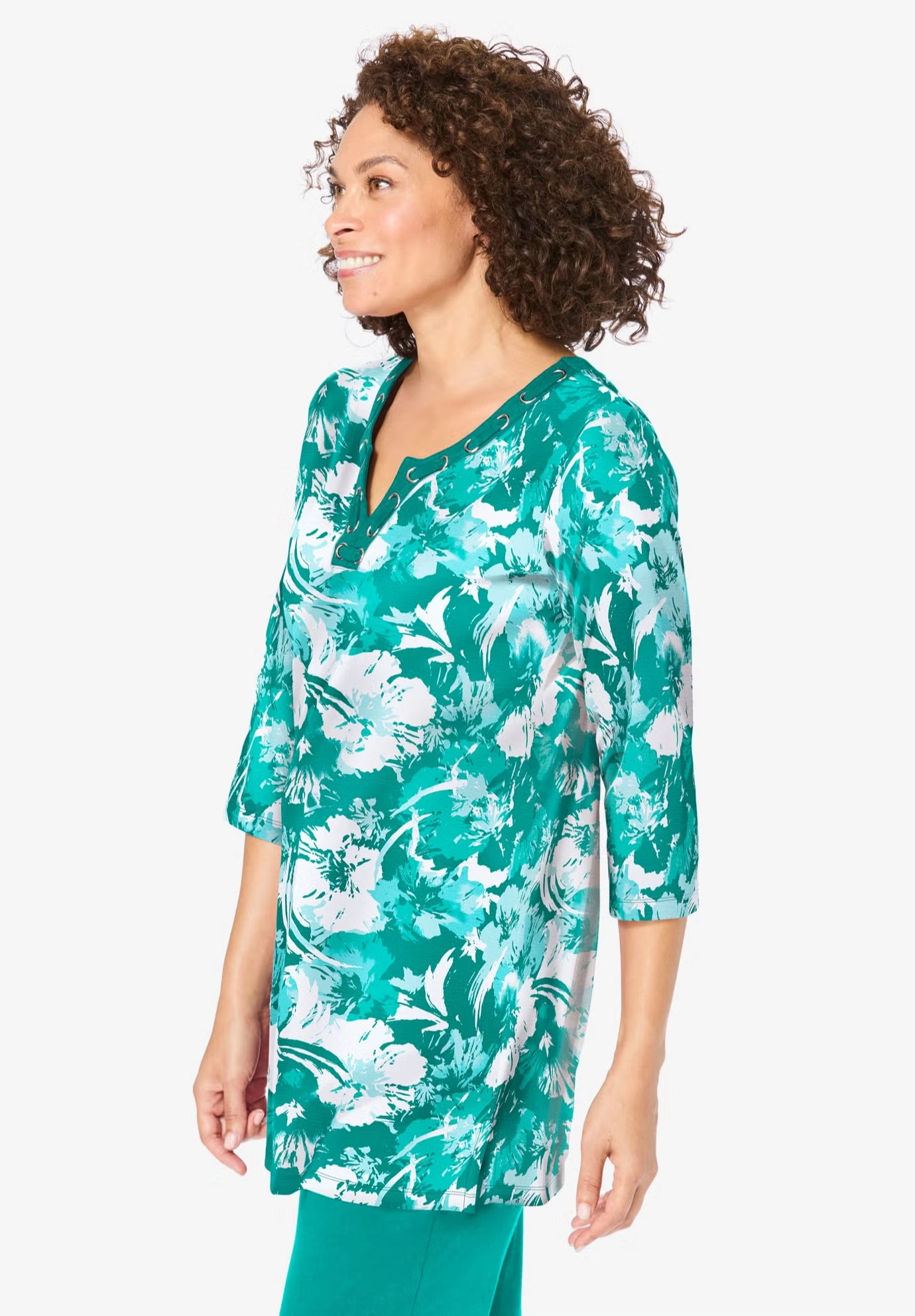 7-Day Three-Quarter Sleeve Grommet Notch Tunic 3 7-Day Three-Quarter Sleeve Grommet Notch Tunic