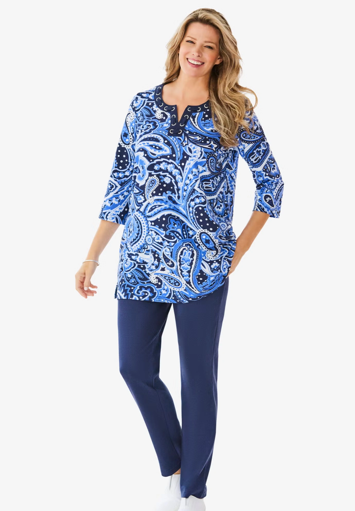 7-Day Three-Quarter Sleeve Grommet Notch Tunic 8 7-Day Three-Quarter Sleeve Grommet Notch Tunic