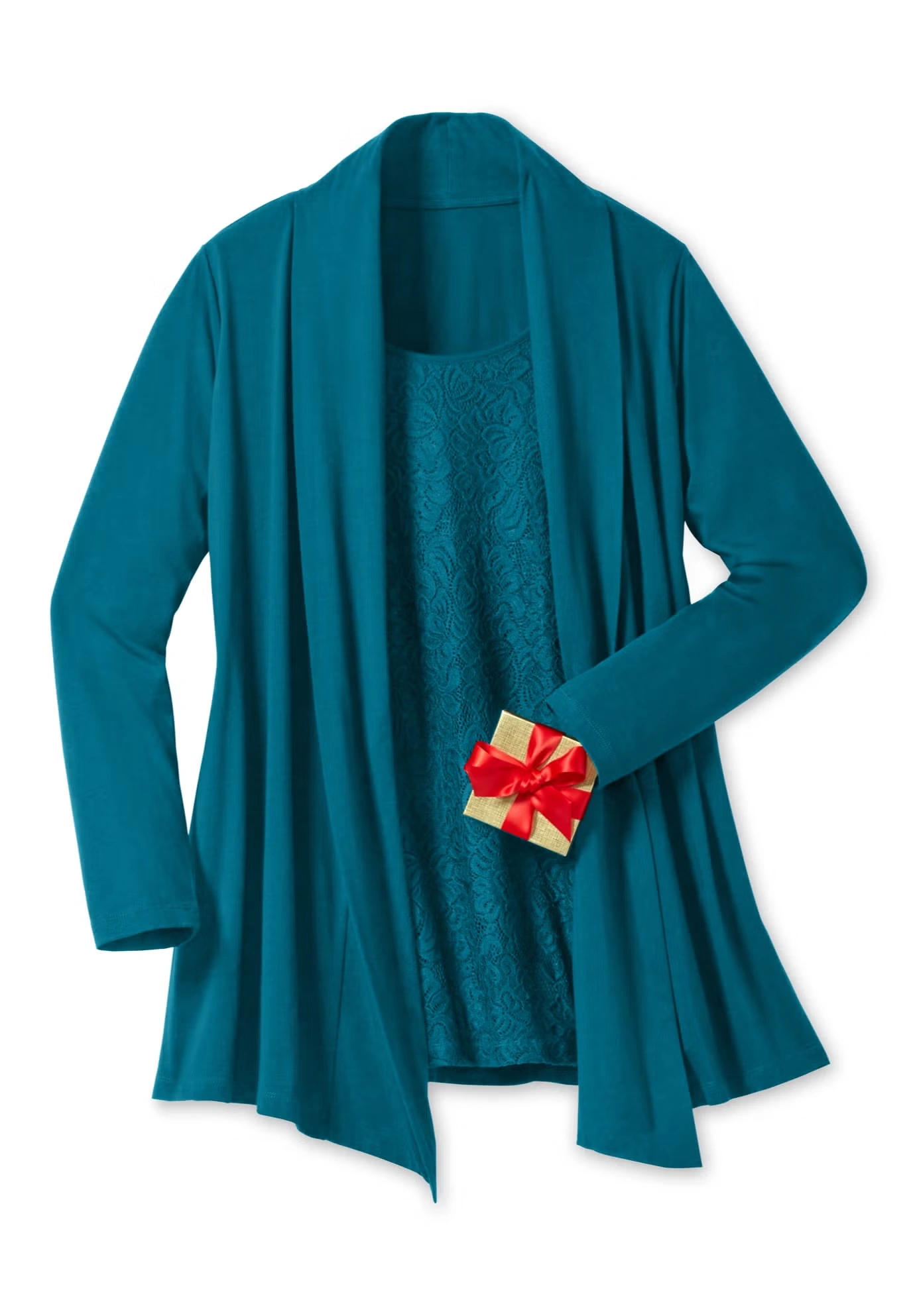 2-Fer Cardigan & Attached Lace Tunic
