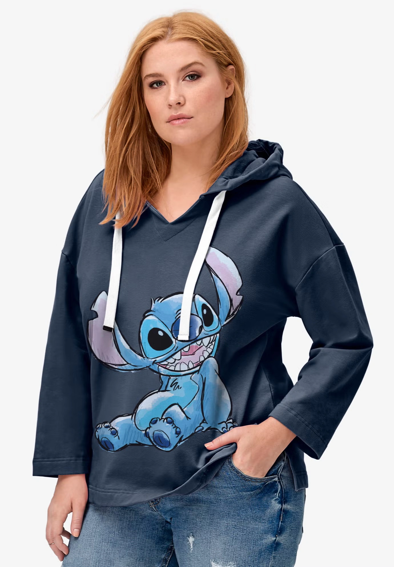 Disney Women's Hooded Sweatshirt Navy Stitch Happy