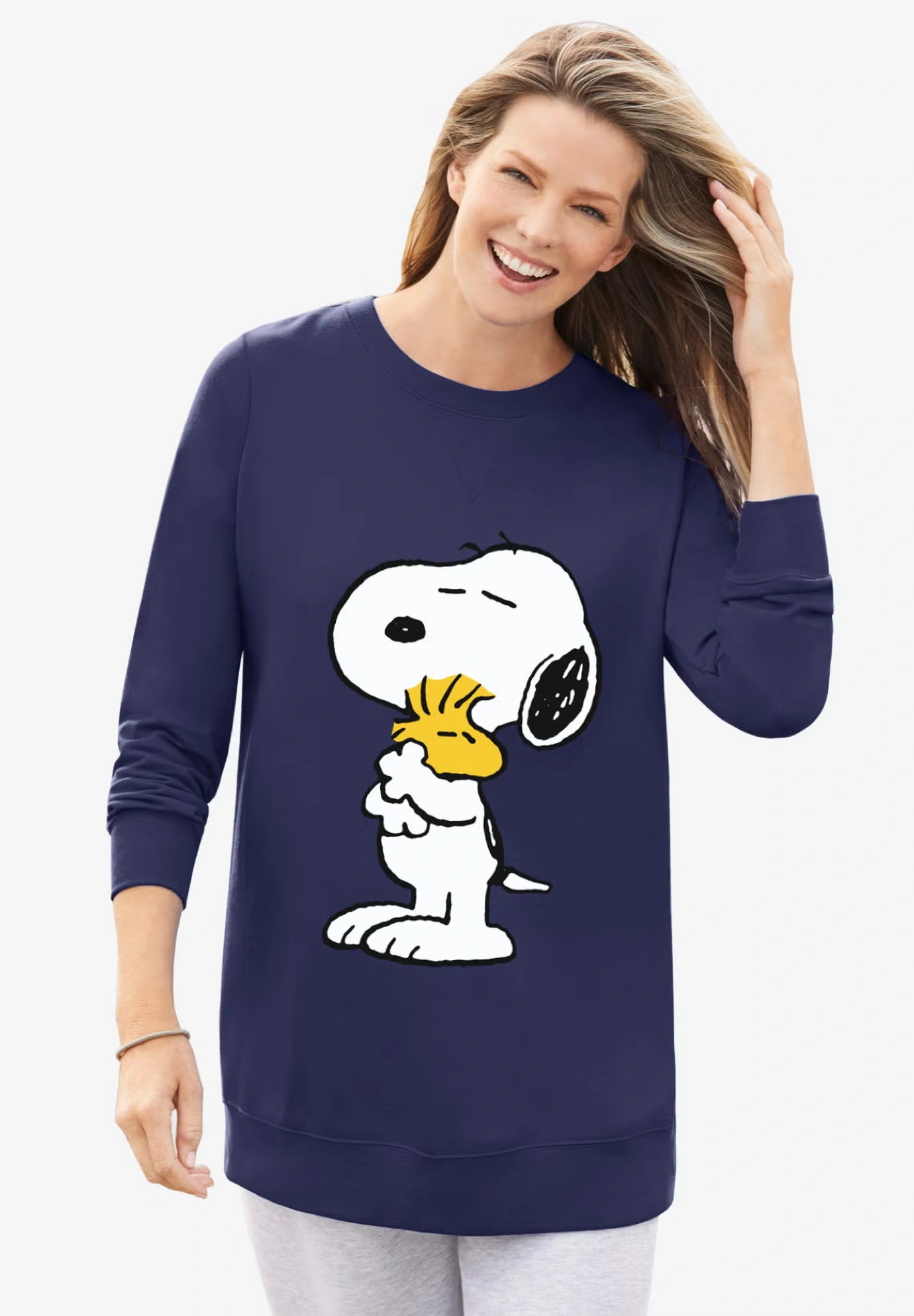 Peanuts Women's Long Sleeve Fleece Sweatshirt Navy Snoopy and Woodstock Hugging