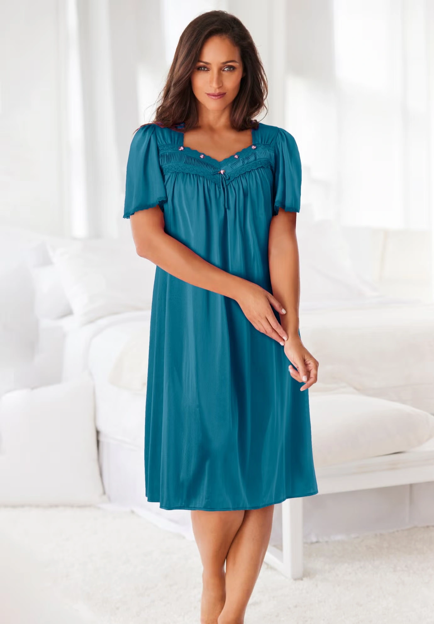 Short Silky Lace-Trim Gown 6 Short Silky Lace-Trim Gown
