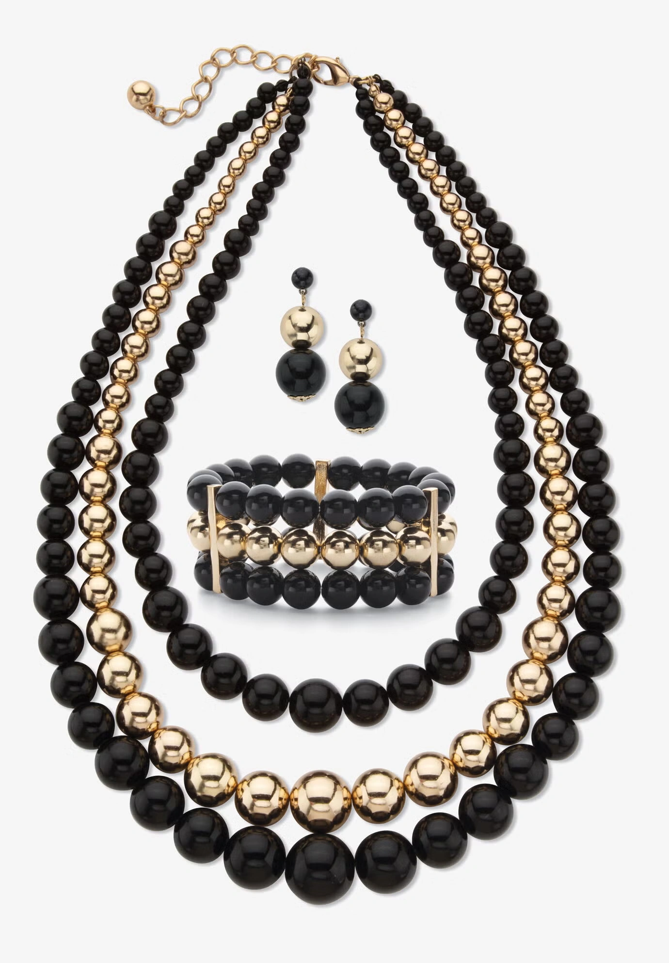 3-Piece Set Bib Necklace (43Mm), Round Simulated Beads, 16.5 Inches Plus 3" Ext