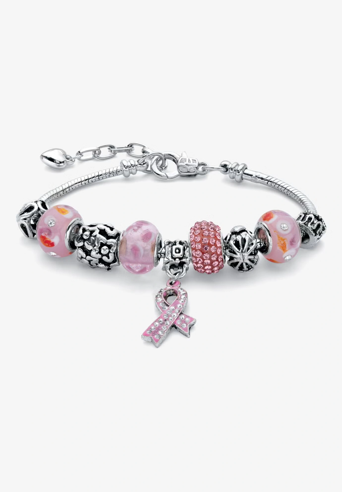 Silver Tone Breast Cancer Charm Bracelet (7Mm), 8" Plus 2" Extension Jewelry