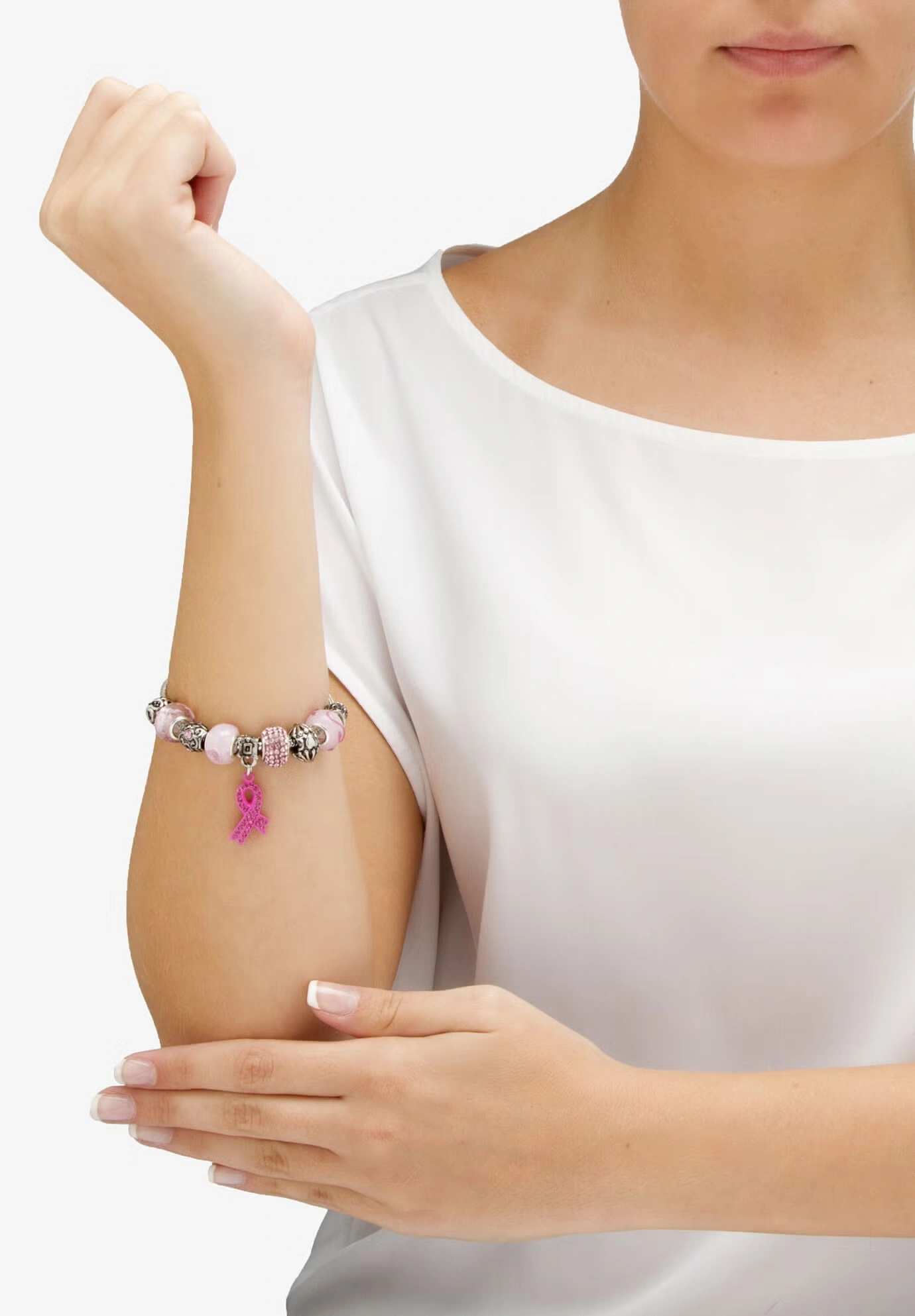 Silver Tone Breast Cancer Charm Bracelet (7Mm), 8" Plus 2" Extension Jewelry 3 Silver Tone Breast Cancer Charm Bracelet (7Mm), 8" Plus 2" Extension Jewelry