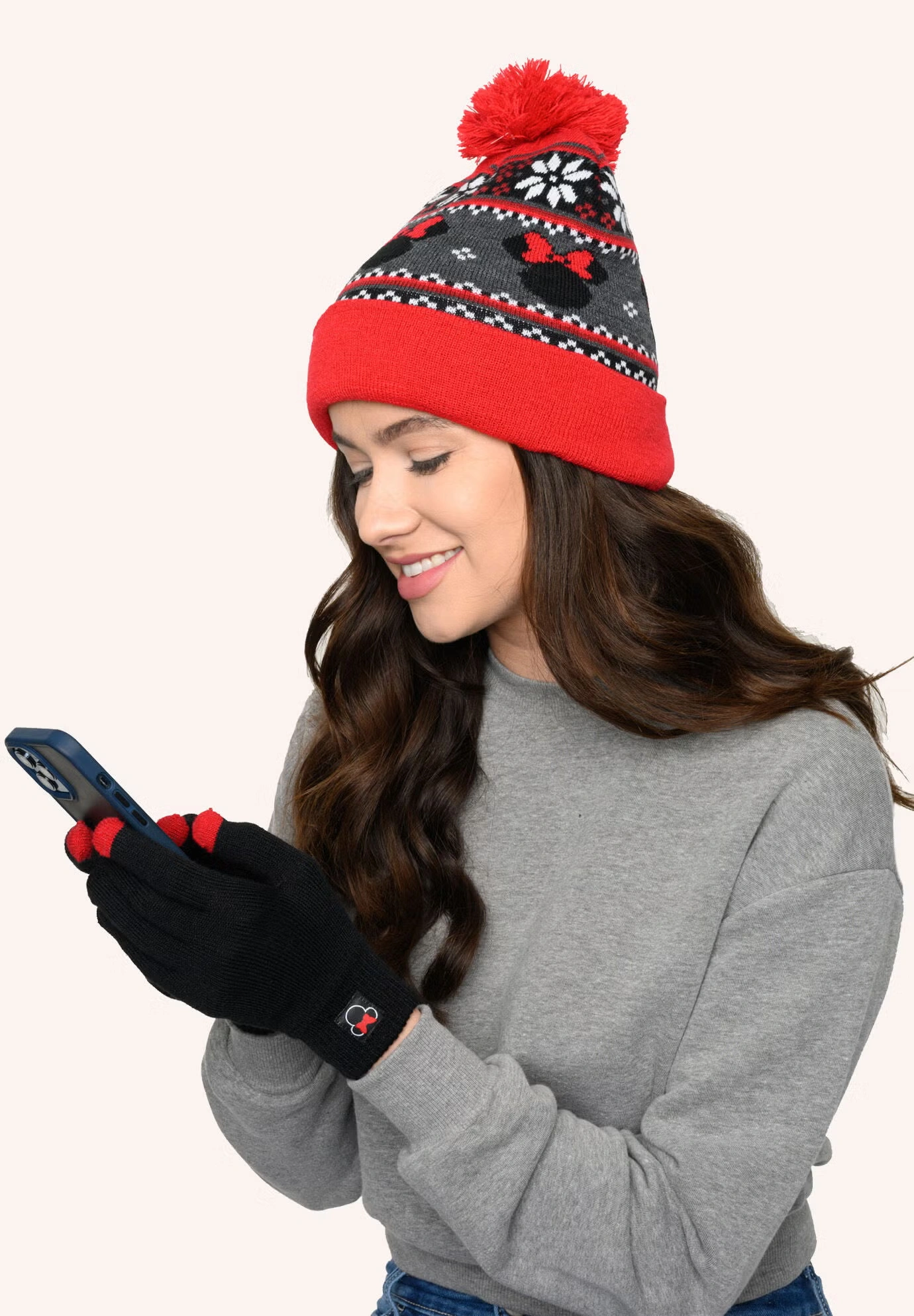 Disney Adult Minnie Mouse Knit Beanie Hat & Texting Gloves Red Gray 2-Pc Set