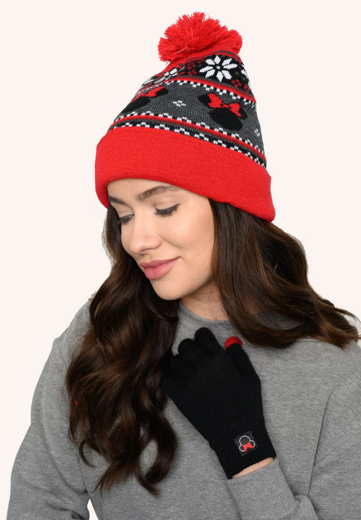 Disney Adult Minnie Mouse Knit Beanie Hat & Texting Gloves Red Gray 2-Pc Set