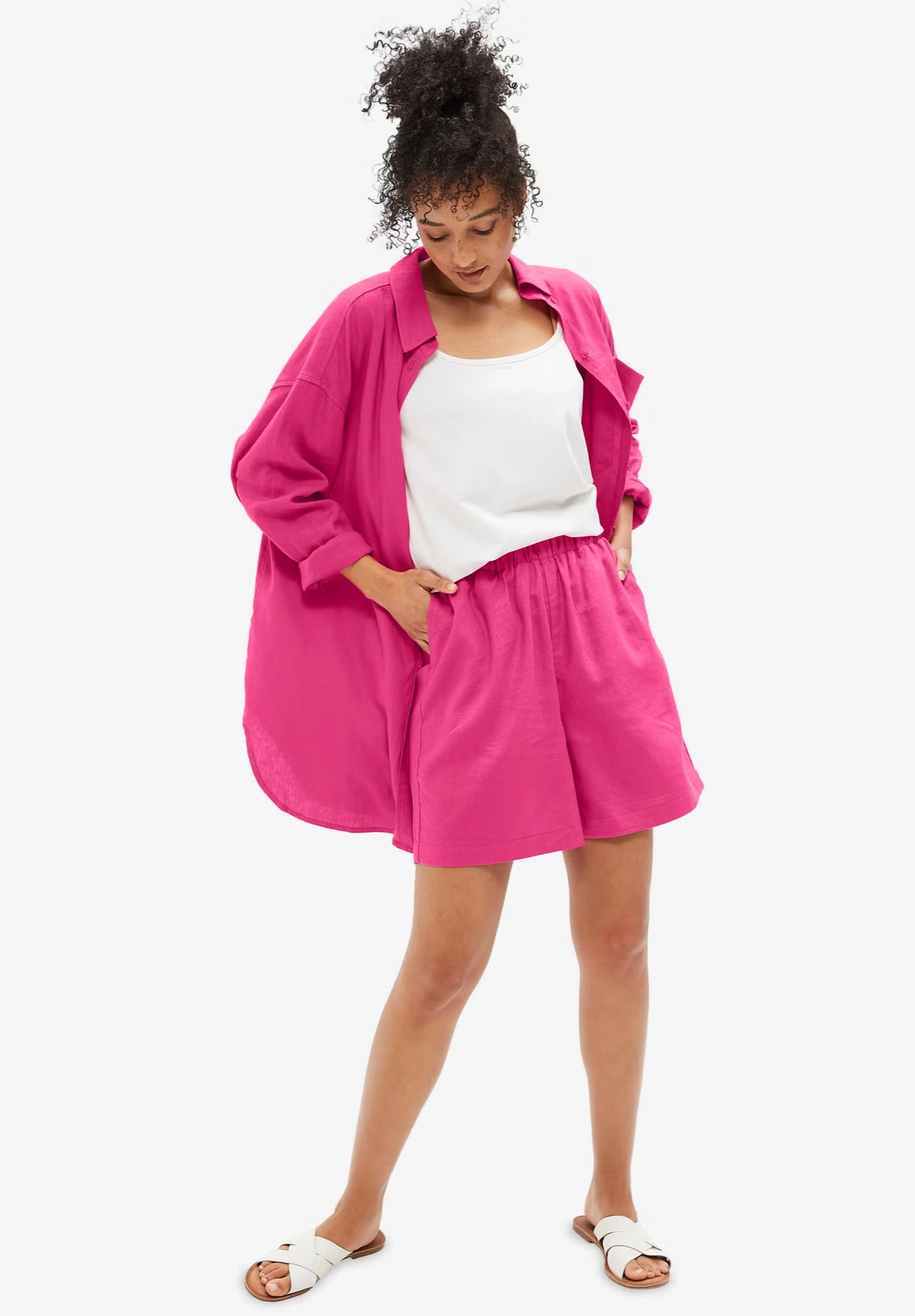 Linen-Blend Elastic Waist Shorts