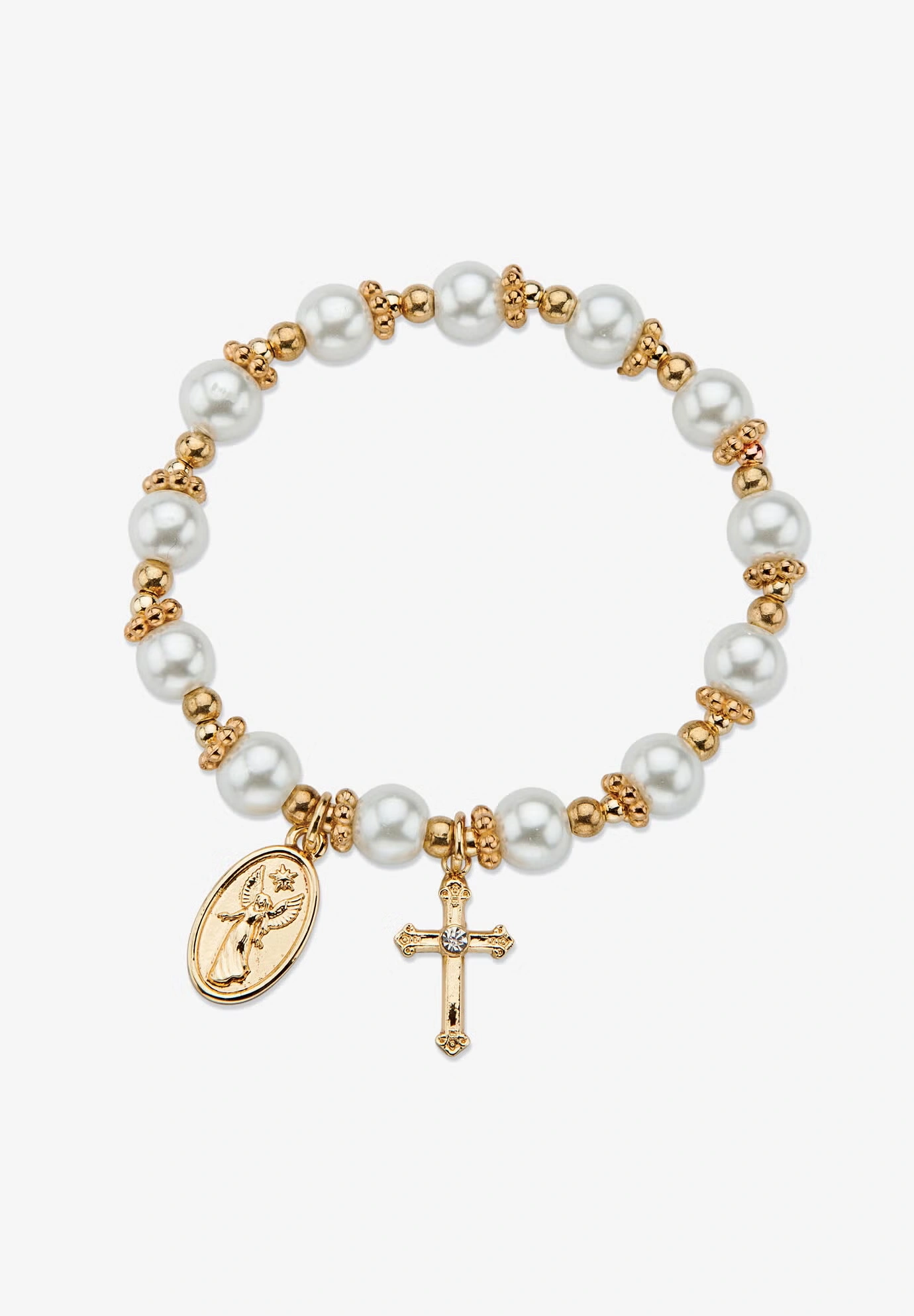 Round Simulated Pearl And Beaded Religious Stretch Bracelet In Goldtone 7" Jewelry