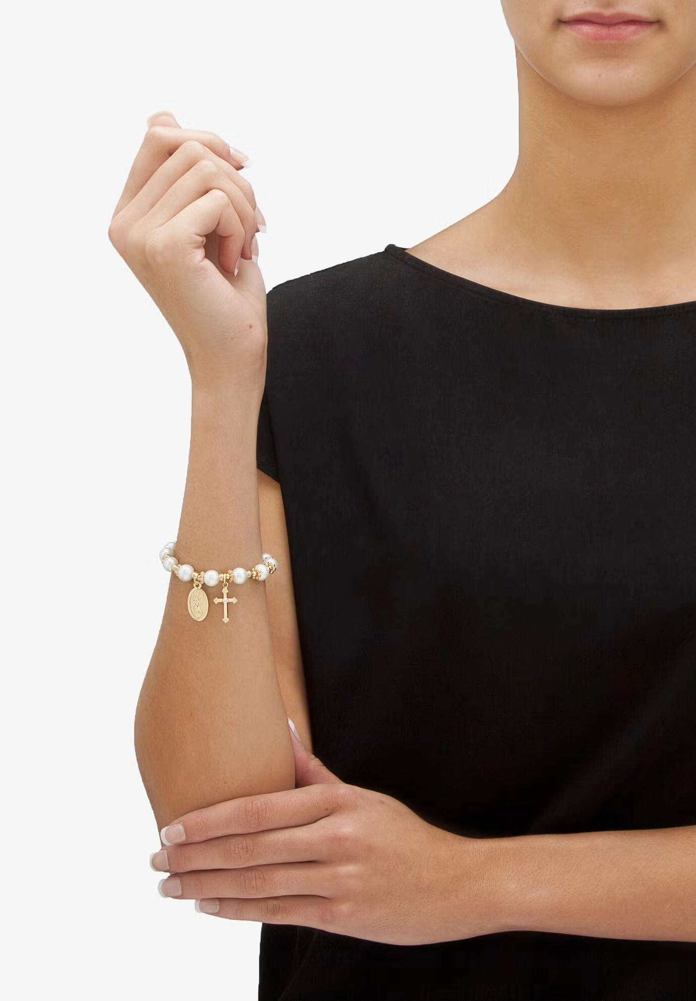 Round Simulated Pearl And Beaded Religious Stretch Bracelet In Goldtone 7" Jewelry 3 Round Simulated Pearl And Beaded Religious Stretch Bracelet In Goldtone 7" Jewelry