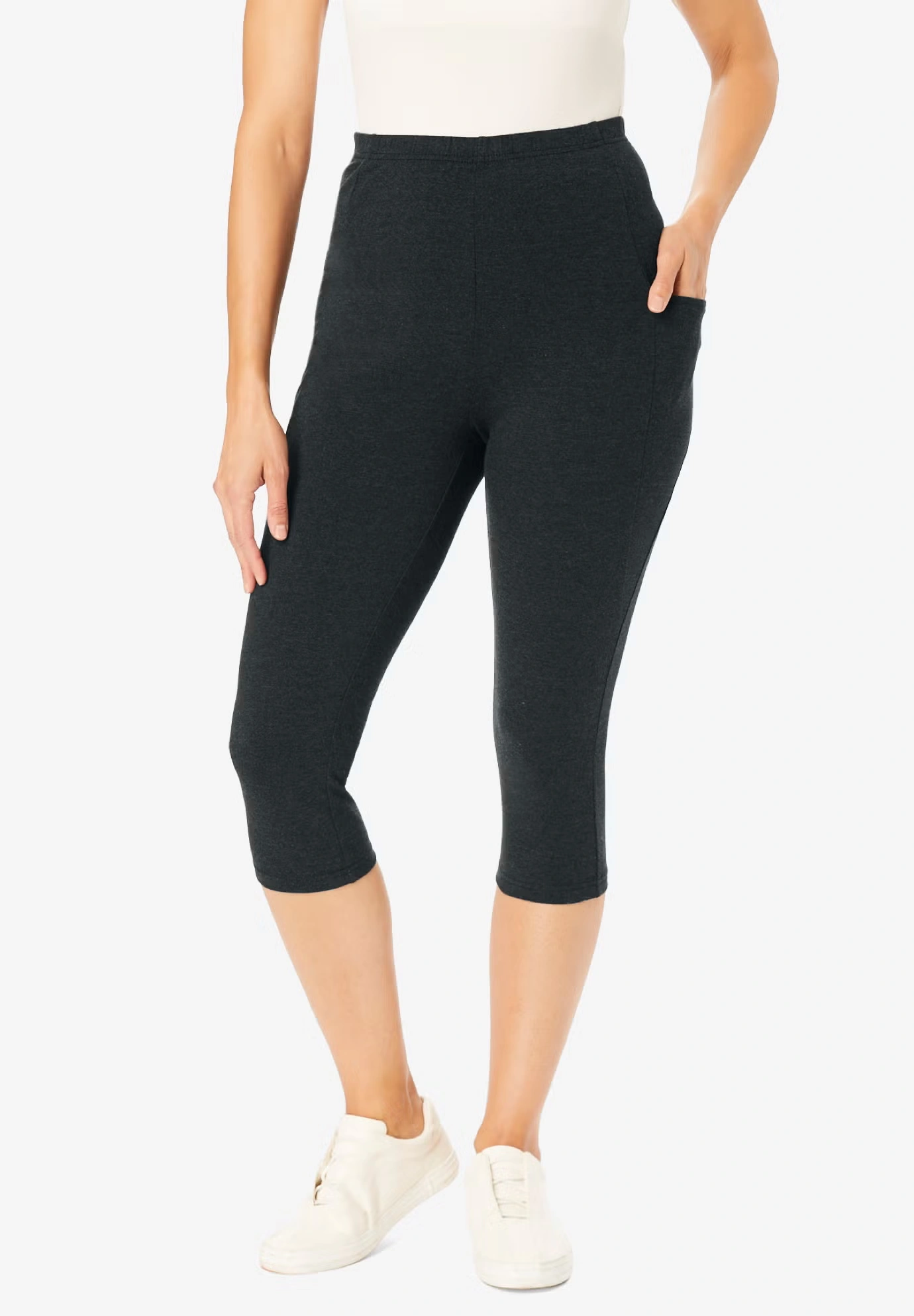 Stretch-Cotton Knit Pull-On Pocket Capri Leggings