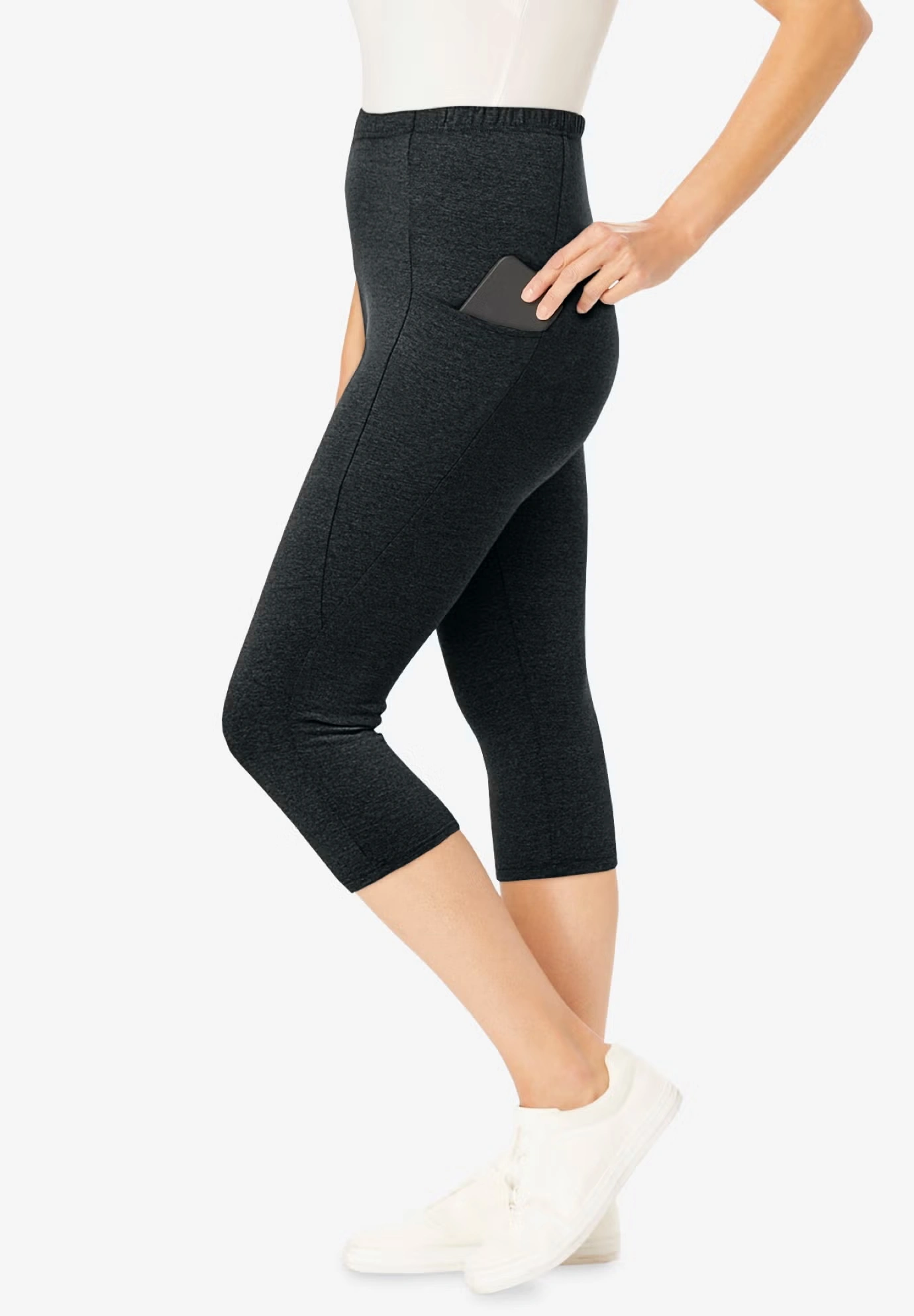 Stretch-Cotton Knit Pull-On Pocket Capri Leggings