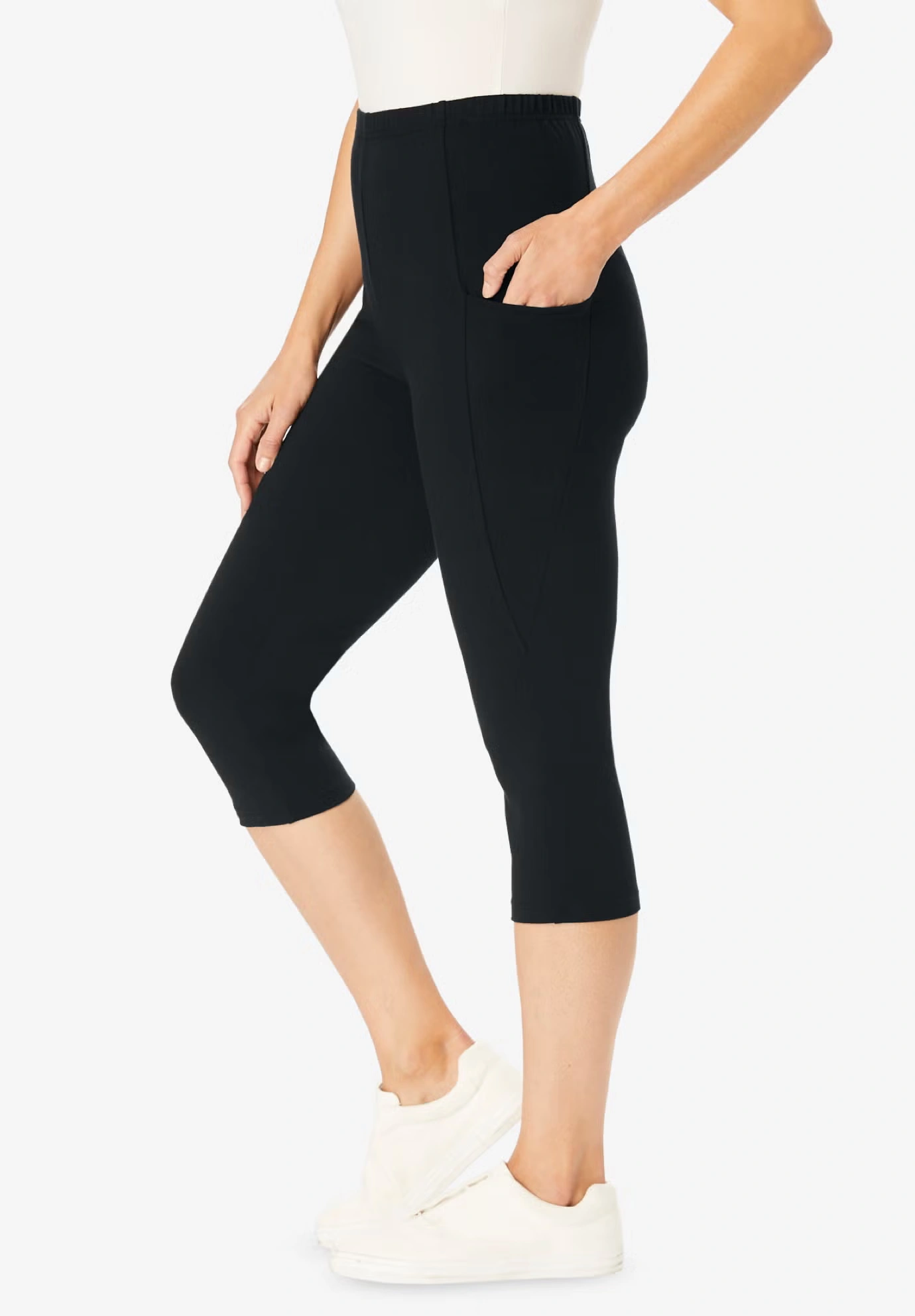 Stretch-Cotton Knit Pull-On Pocket Capri Leggings
