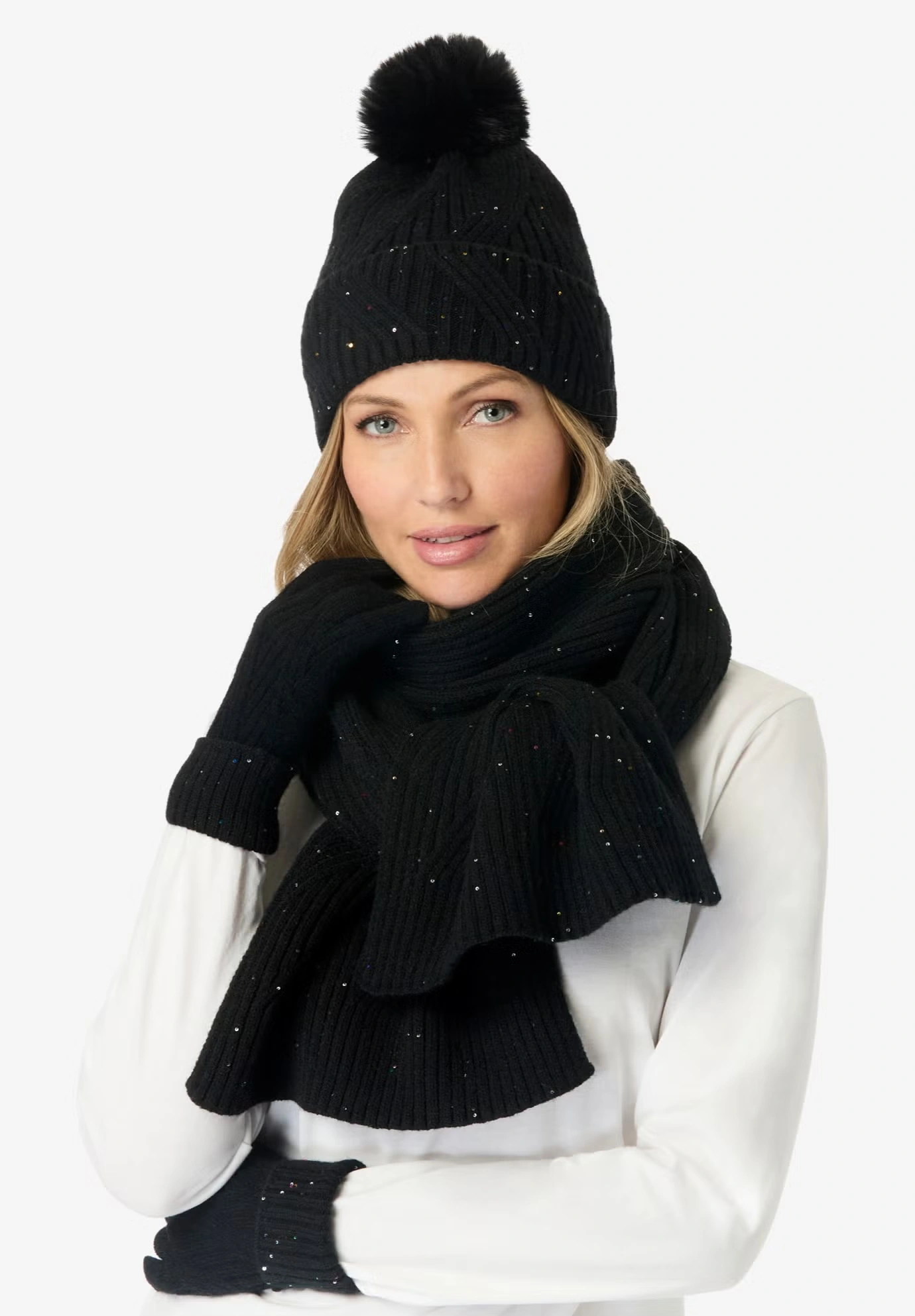 3-Pc Sequin Knitted Hat, Scarf And Gloves Set