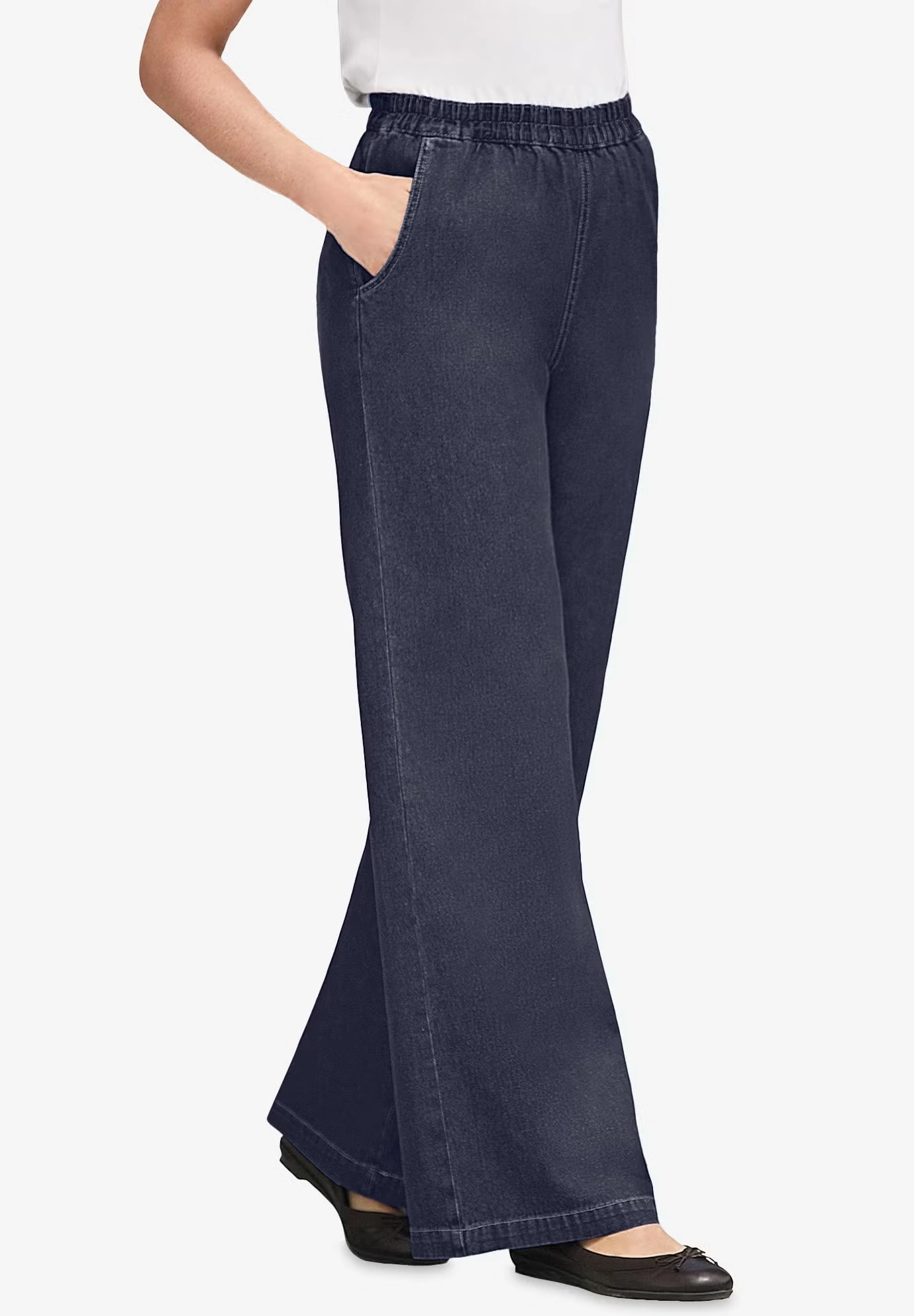 Perfect Elastic-Waist Wide-Leg All-Cotton Pull-On Denim Jeans