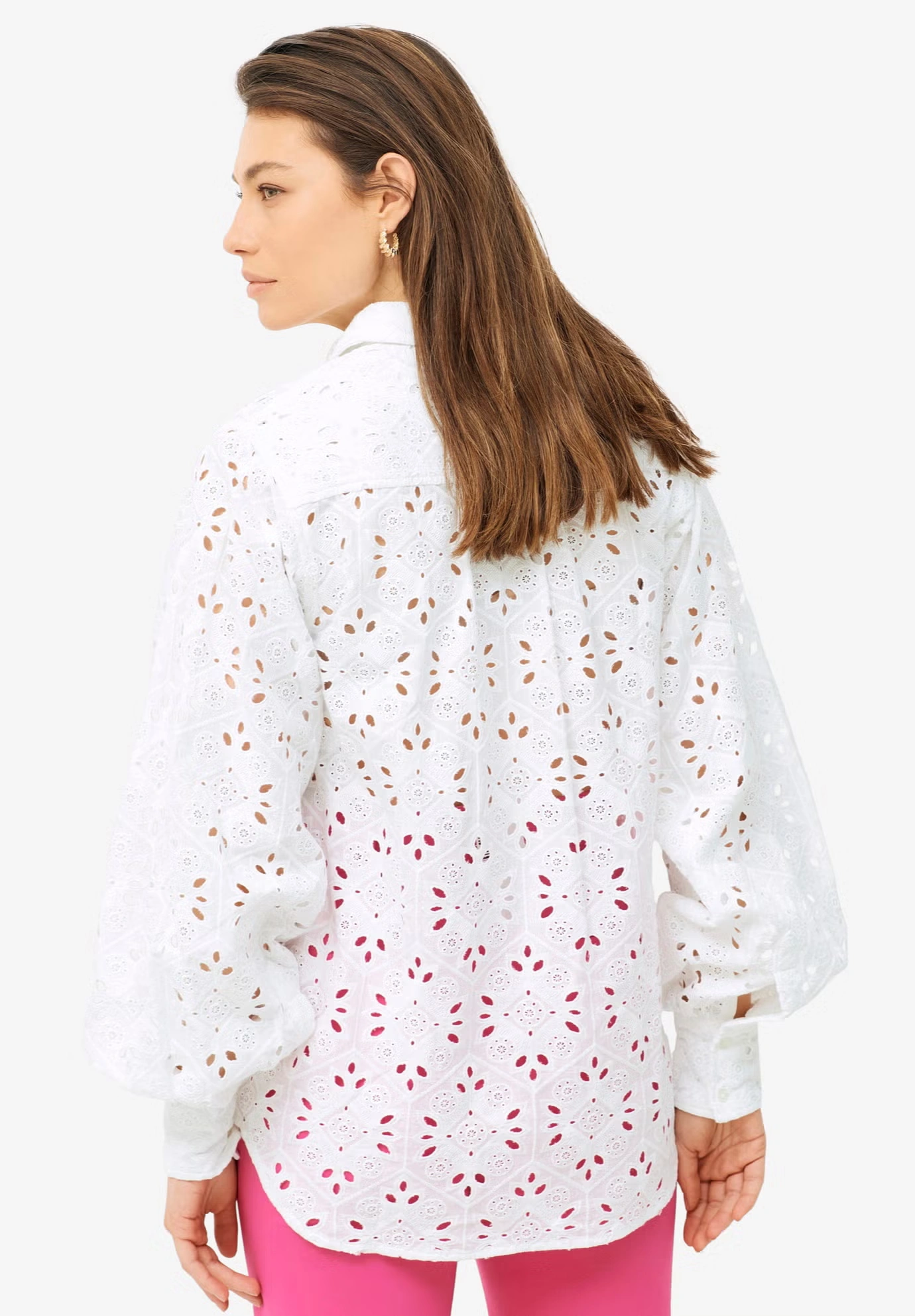 Eyelet Button Front Shirt With Blouson Sleeves