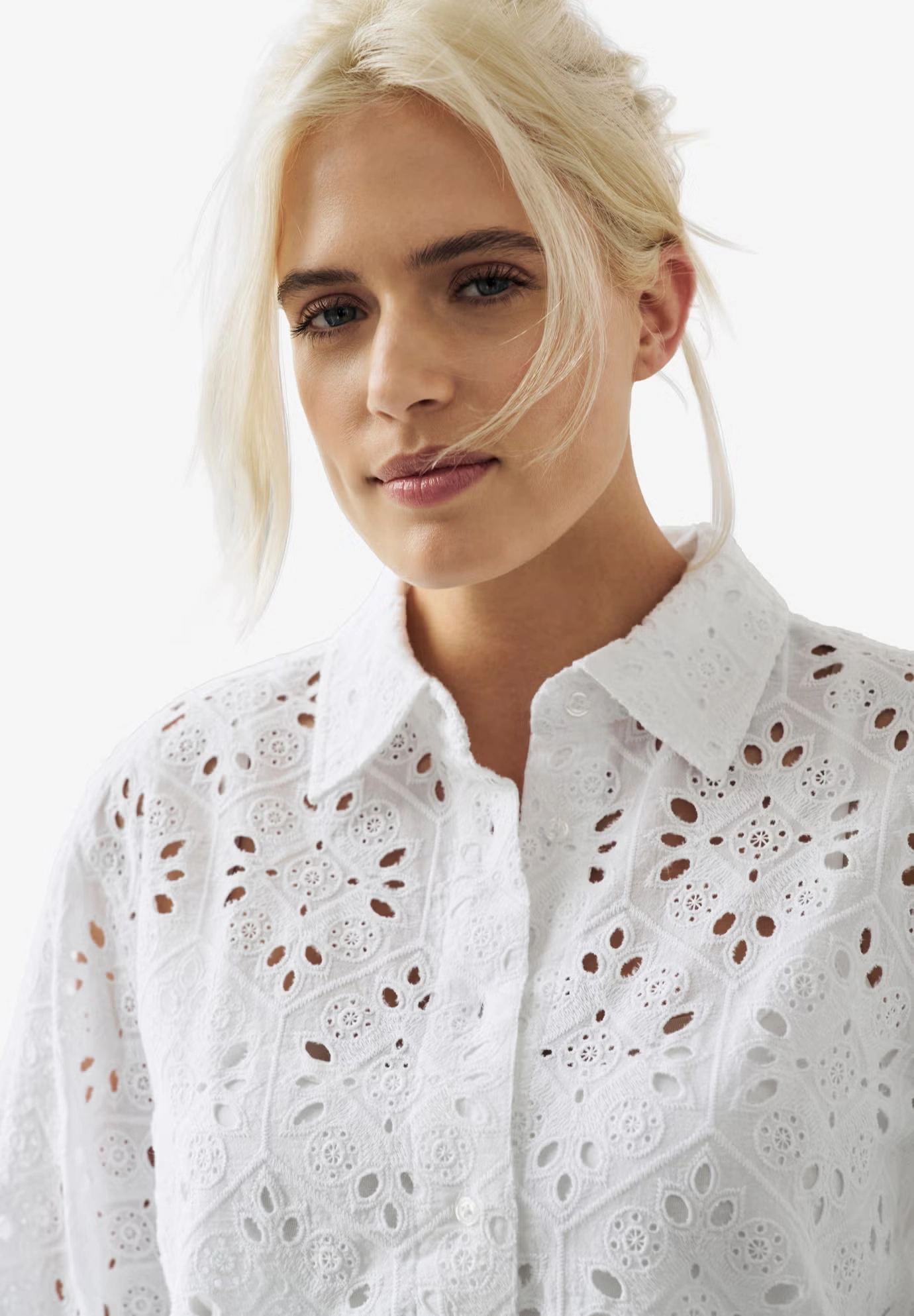 Eyelet Button Front Shirt With Blouson Sleeves 3 Eyelet Button Front Shirt With Blouson Sleeves