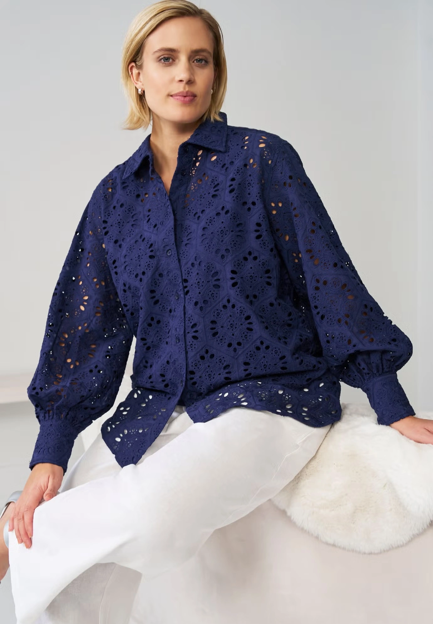 Eyelet Button Front Shirt With Blouson Sleeves 4 Eyelet Button Front Shirt With Blouson Sleeves