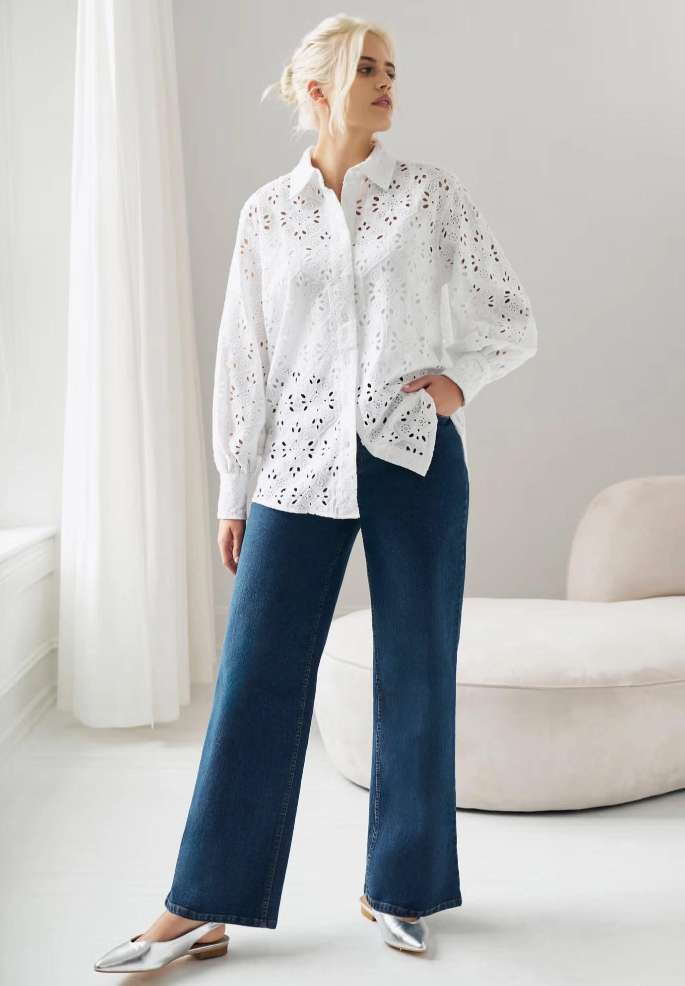 Eyelet Button Front Shirt With Blouson Sleeves 5 Eyelet Button Front Shirt With Blouson Sleeves
